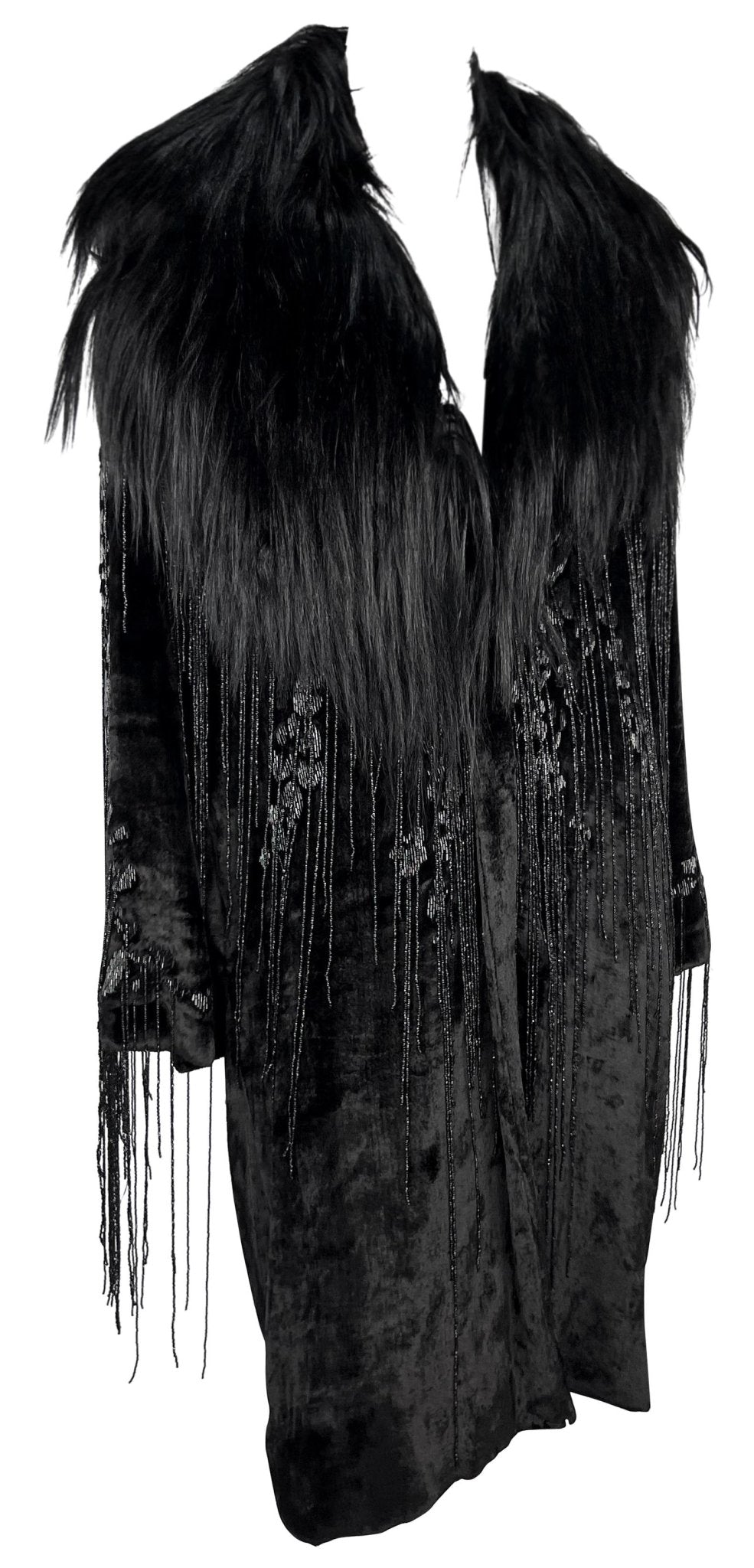 F/W 2004 Versace by Donatella Runway Heavily Beaded Fringe Fur Trim Velvet Coat - RealList