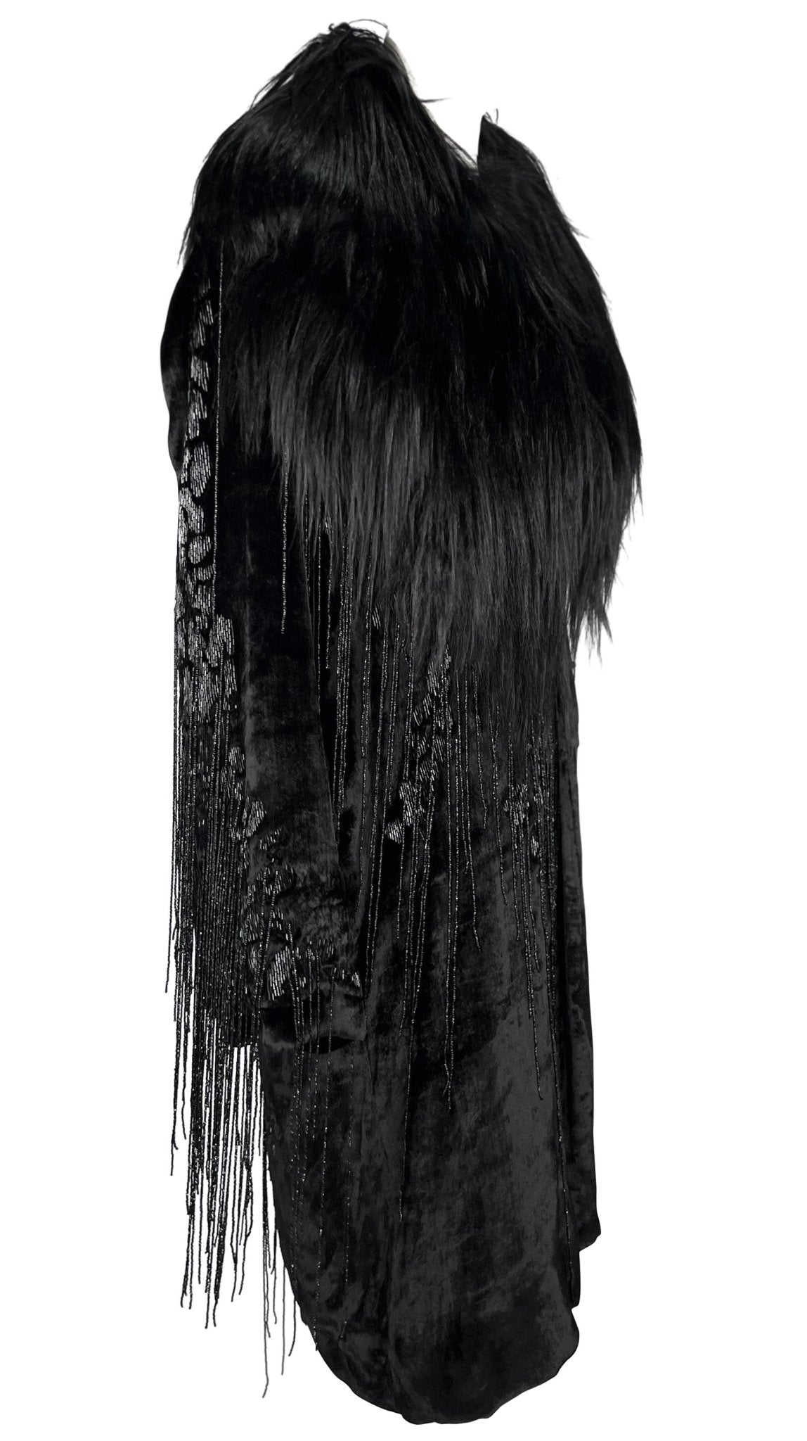 F/W 2004 Versace by Donatella Runway Heavily Beaded Fringe Fur Trim Velvet Coat - RealList
