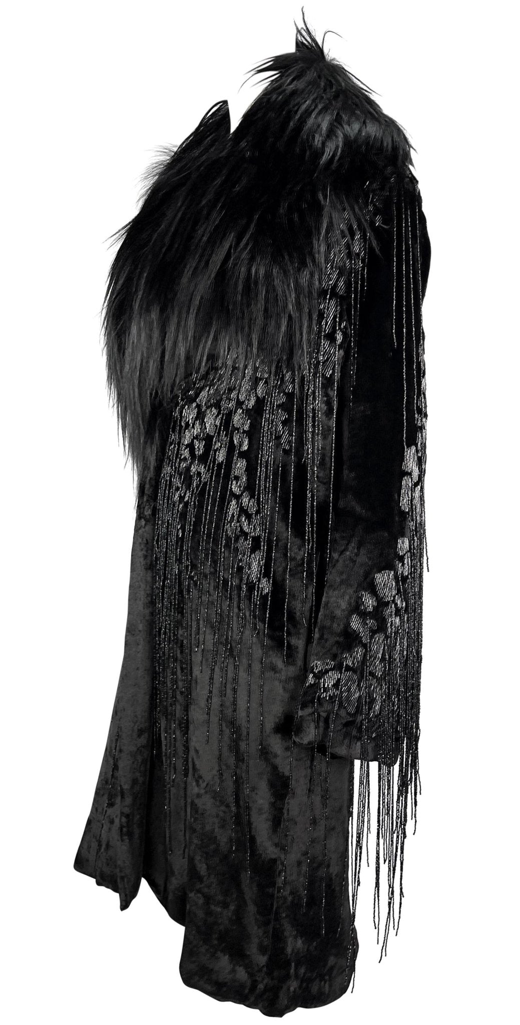 F/W 2004 Versace by Donatella Runway Heavily Beaded Fringe Fur Trim Velvet Coat - RealList