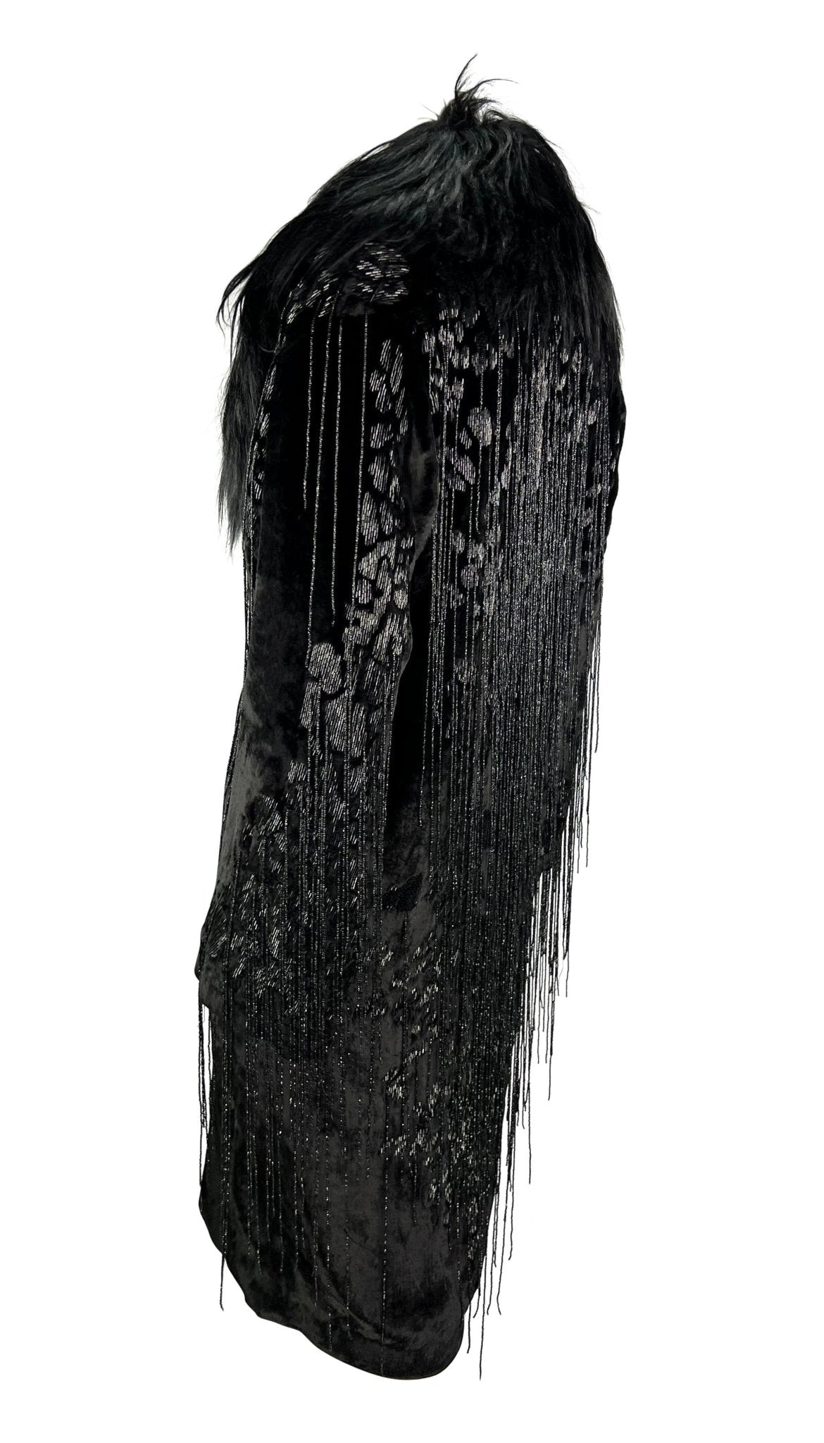 F/W 2004 Versace by Donatella Runway Heavily Beaded Fringe Fur Trim Velvet Coat - RealList