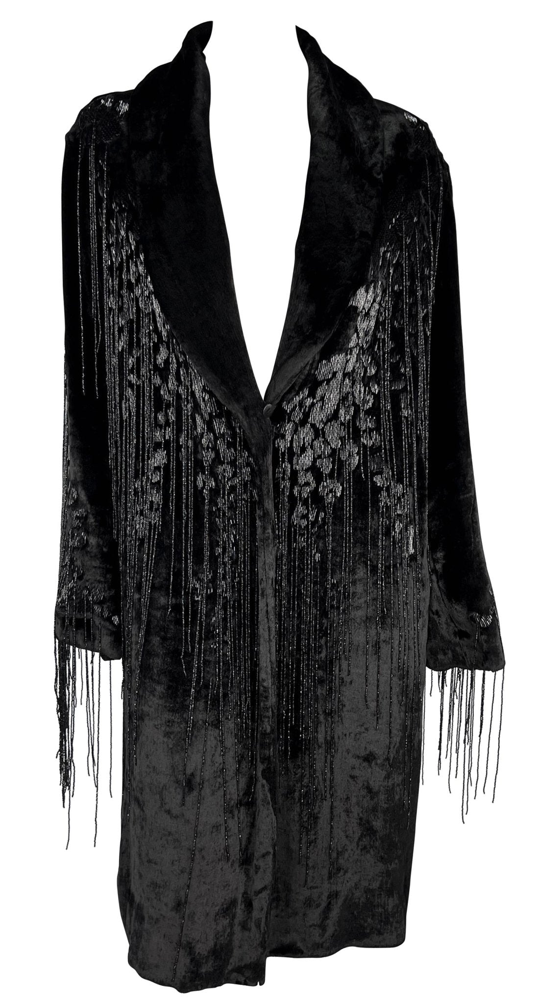 F/W 2004 Versace by Donatella Runway Heavily Beaded Fringe Fur Trim Velvet Coat - RealList