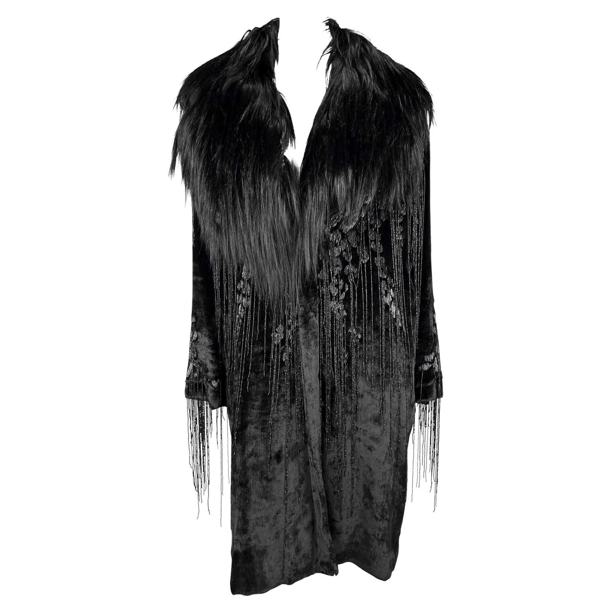 F/W 2004 Versace by Donatella Runway Heavily Beaded Fringe Fur Trim Velvet Coat - RealList