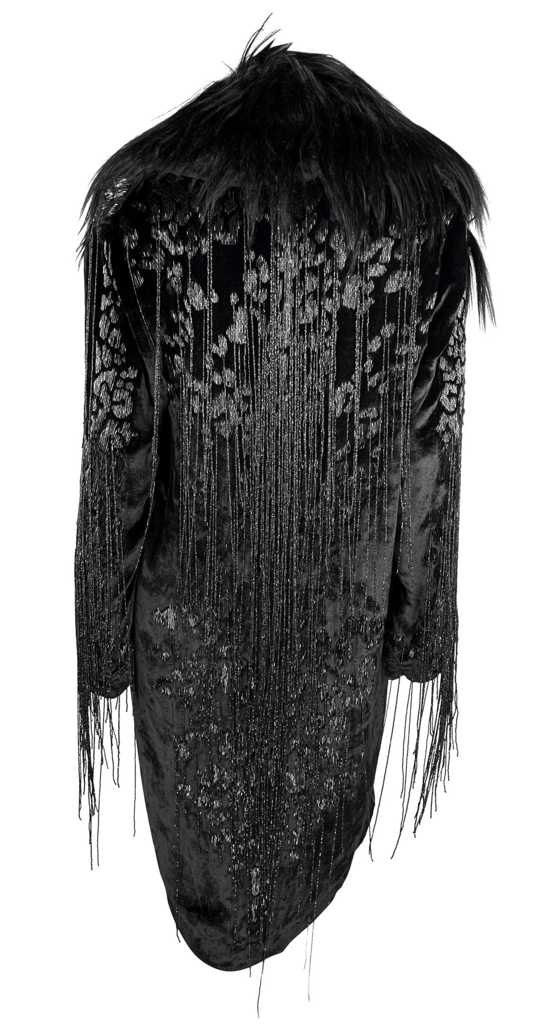 F/W 2004 Versace by Donatella Runway Heavily Beaded Fringe Fur Trim Velvet Coat - RealList