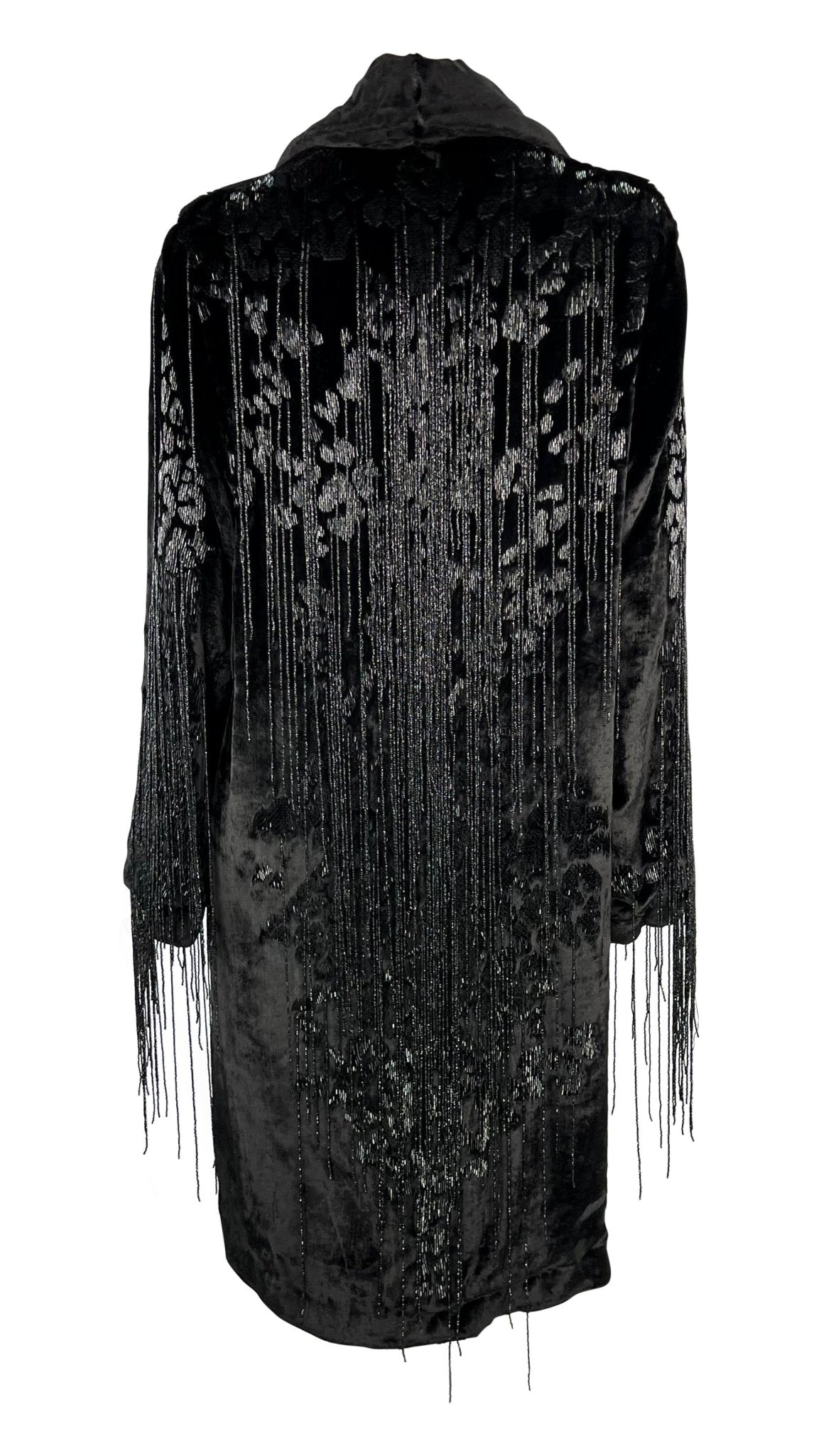 F/W 2004 Versace by Donatella Runway Heavily Beaded Fringe Fur Trim Velvet Coat - RealList