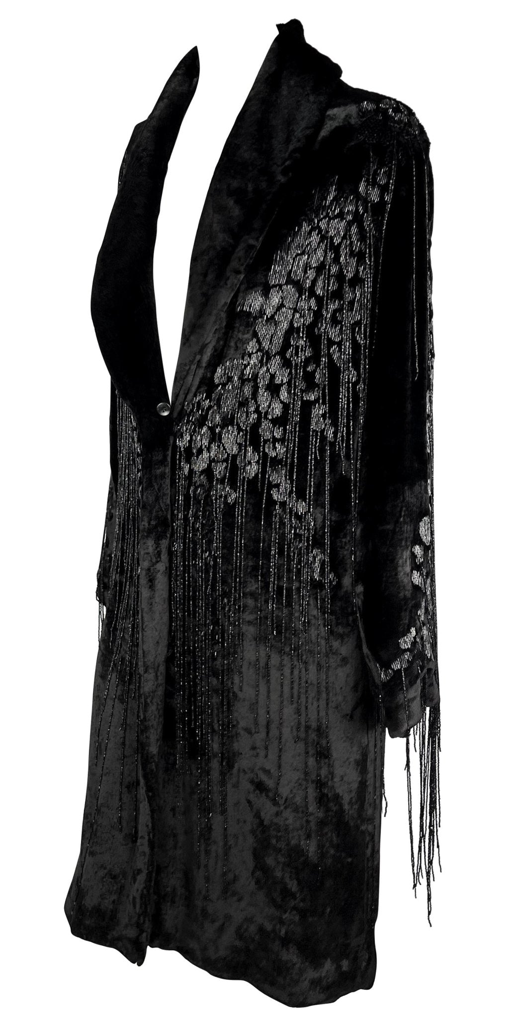 F/W 2004 Versace by Donatella Runway Heavily Beaded Fringe Fur Trim Velvet Coat - RealList