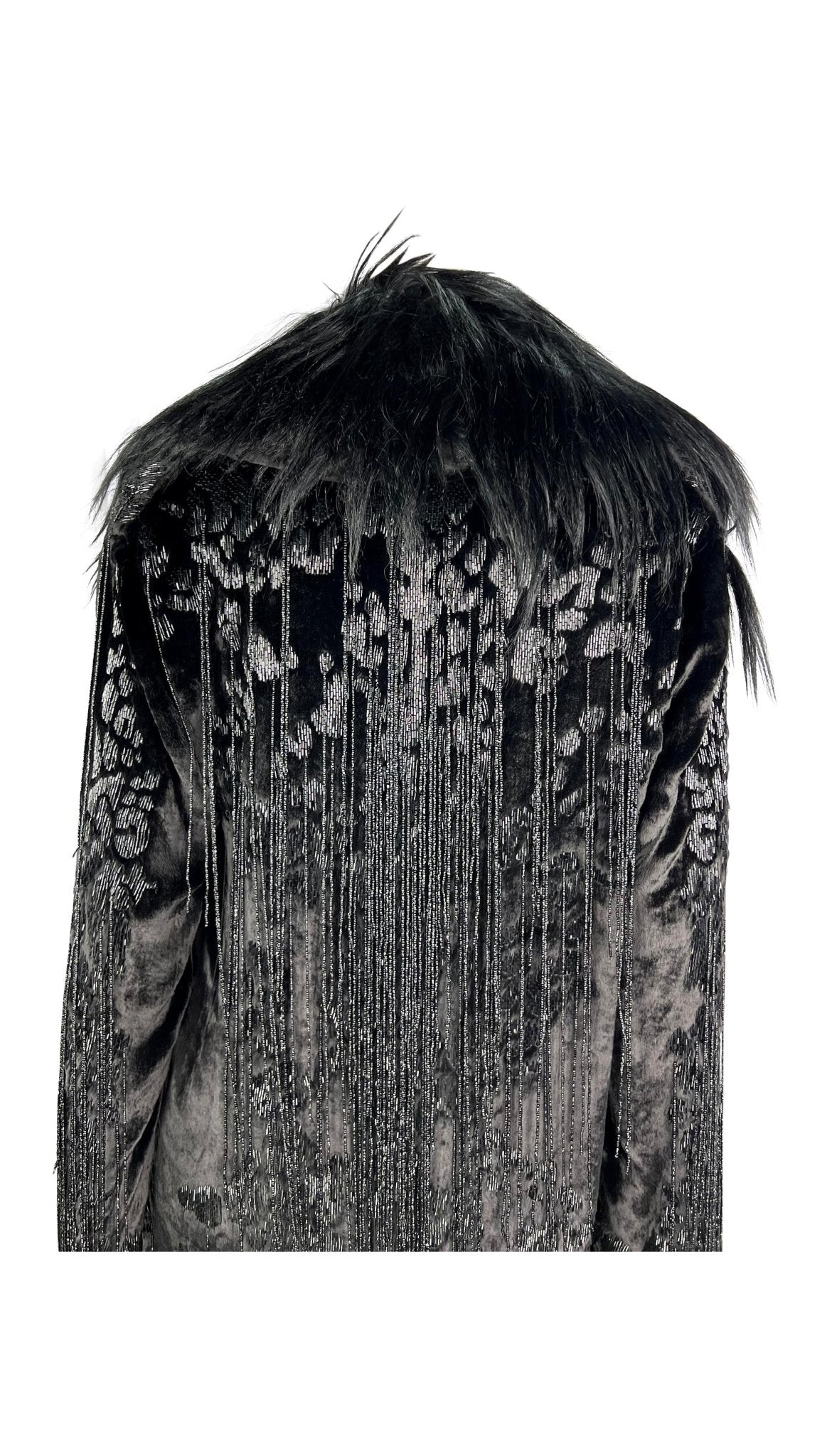 F/W 2004 Versace by Donatella Runway Heavily Beaded Fringe Fur Trim Velvet Coat - RealList