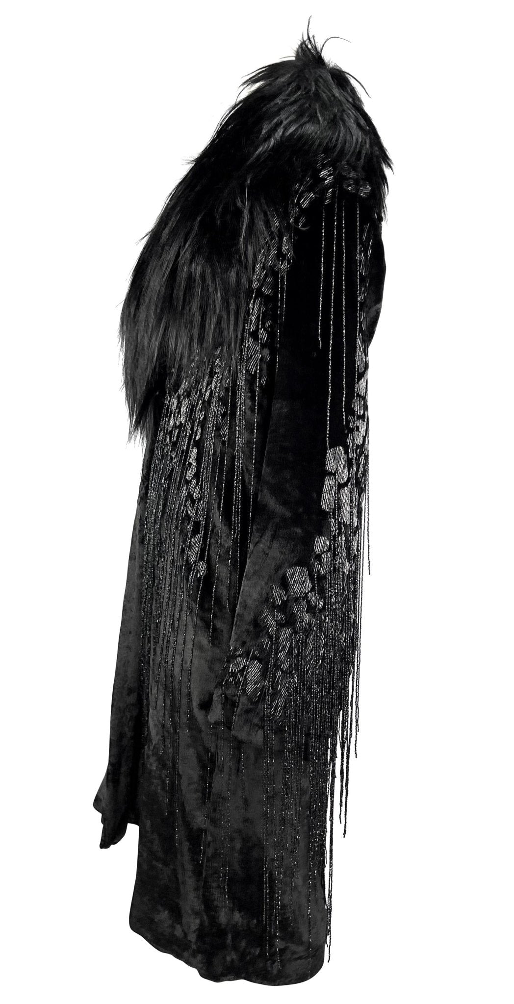 F/W 2004 Versace by Donatella Runway Heavily Beaded Fringe Fur Trim Velvet Coat - RealList