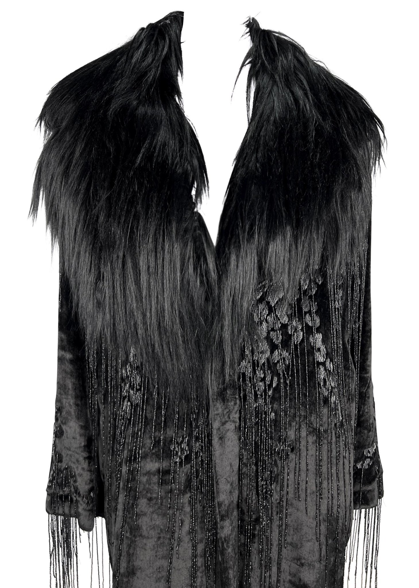 F/W 2004 Versace by Donatella Runway Heavily Beaded Fringe Fur Trim Velvet Coat - RealList