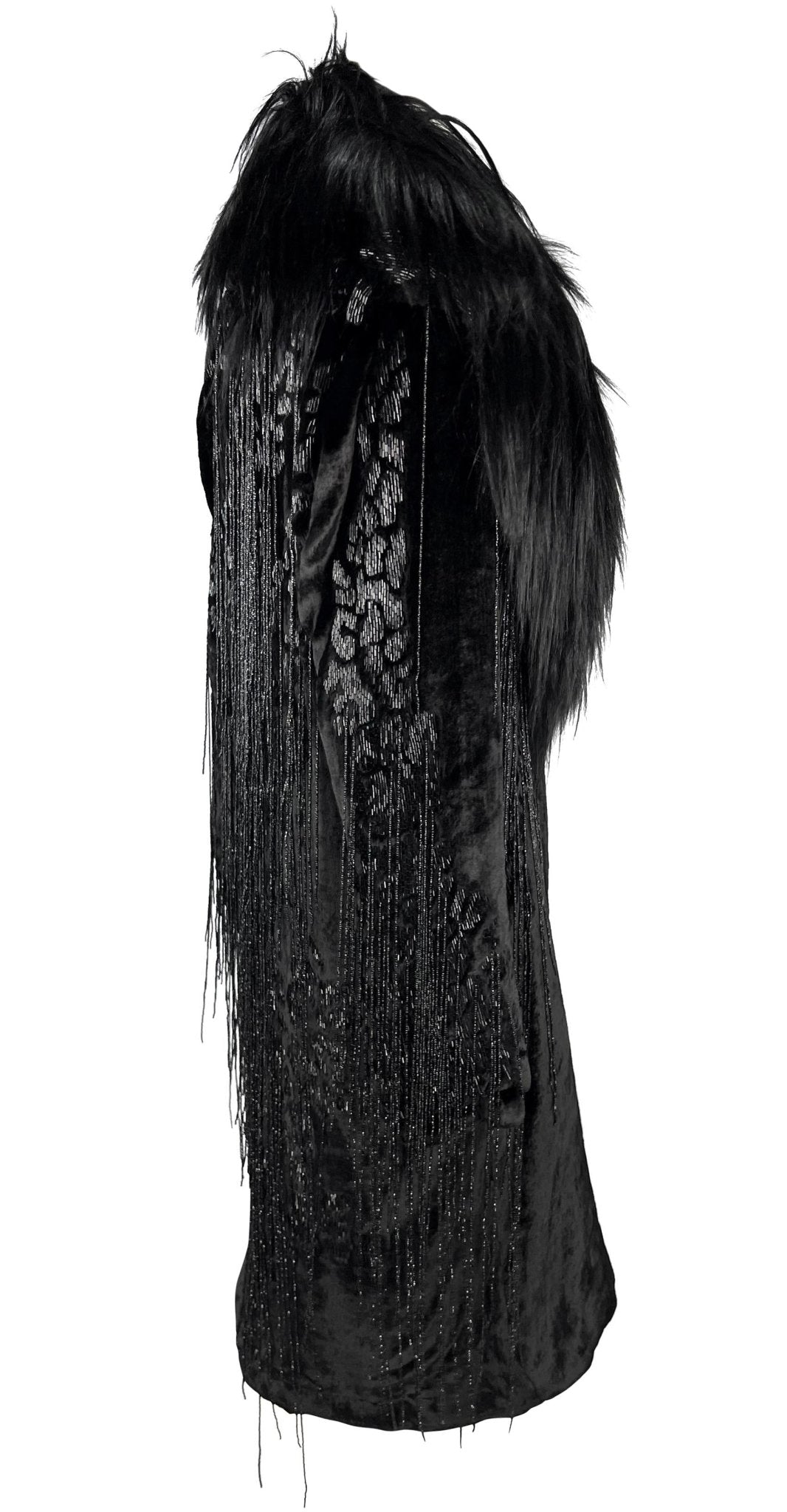 F/W 2004 Versace by Donatella Runway Heavily Beaded Fringe Fur Trim Velvet Coat - RealList