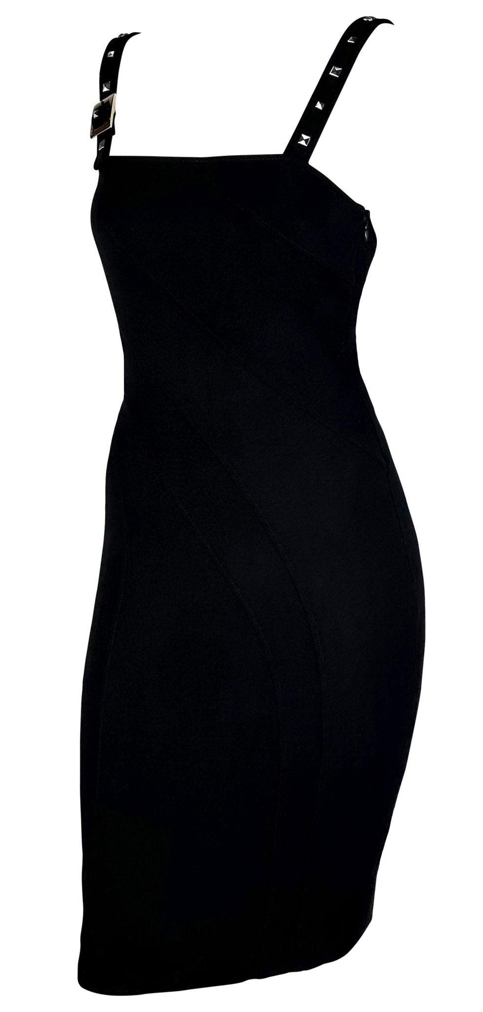 F/W 2004 Versace by Donatella Runway Studded Black Cutout Bodycon Buckle Dress - RealList