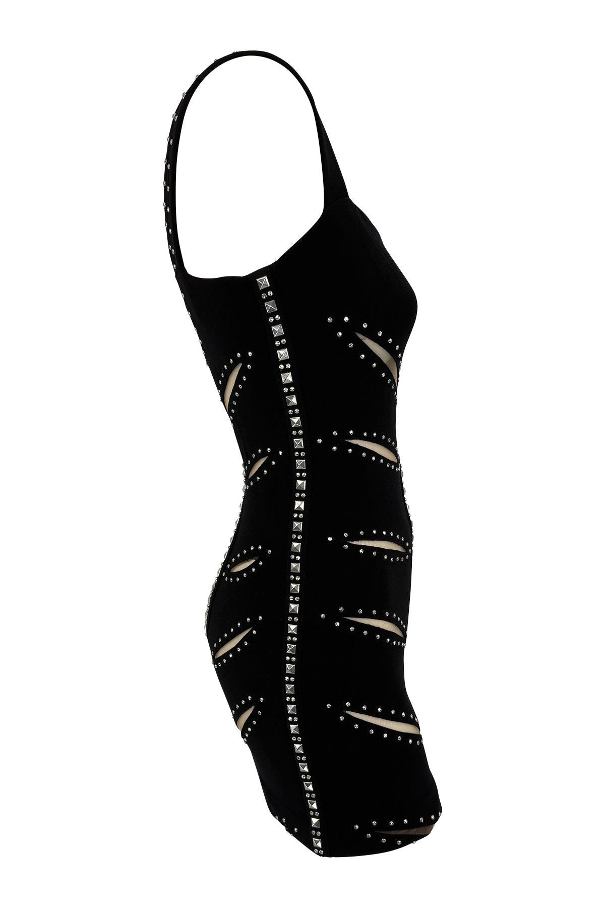 F/W 2004 Versace by Donatella Runway Studded Cutout Black Bodycon Mini Dress - RealList