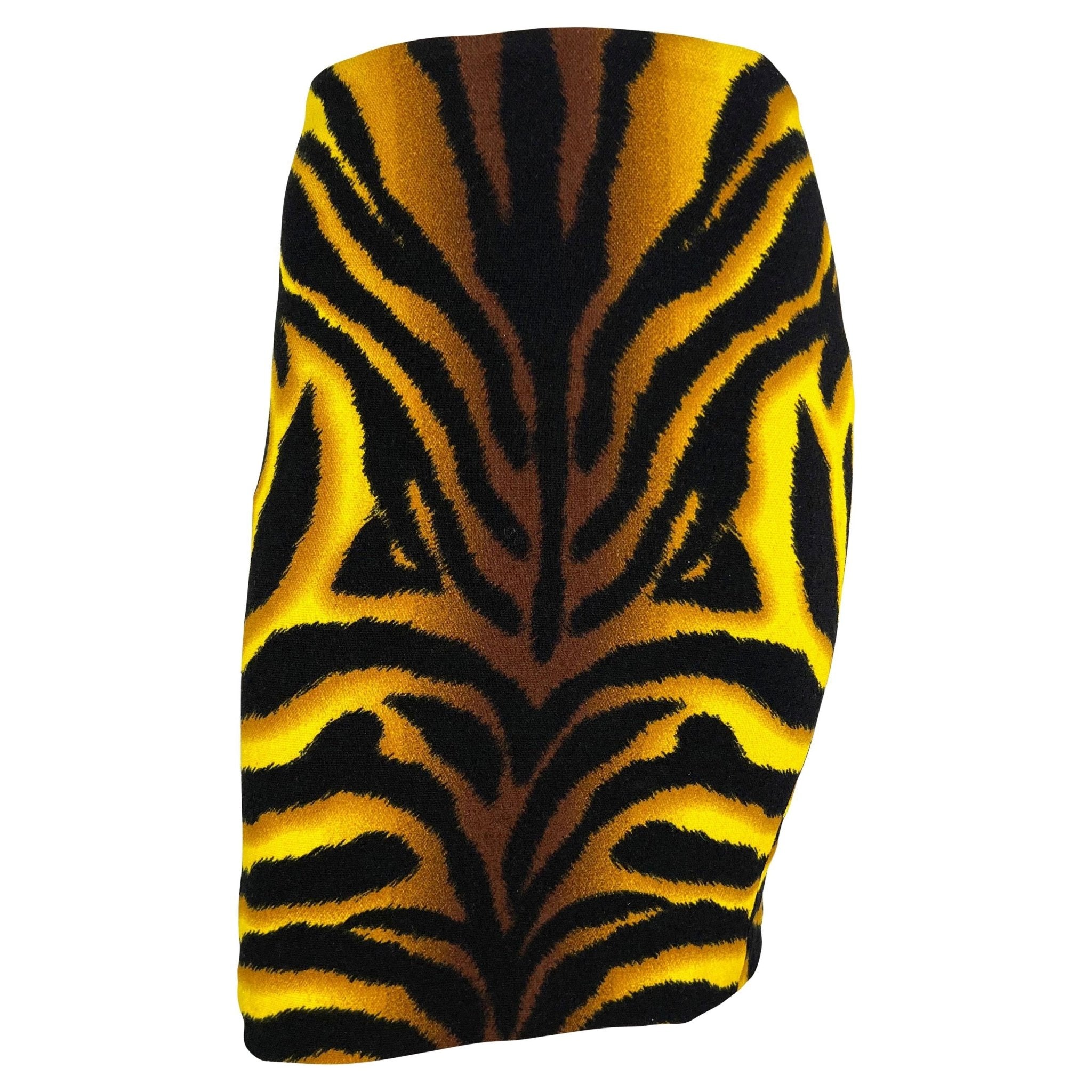 F/W 2004 Versace by Donatella Runway Yellow Black Tiger Print Wool Skirt - RealList