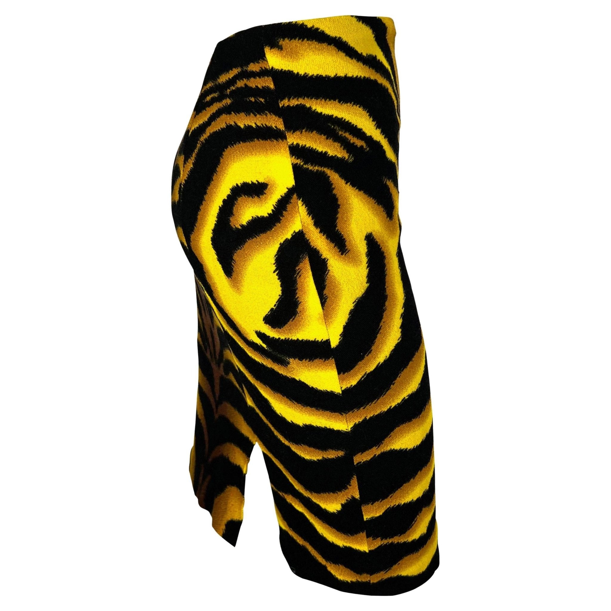 F/W 2004 Versace by Donatella Runway Yellow Black Tiger Print Wool Skirt - RealList