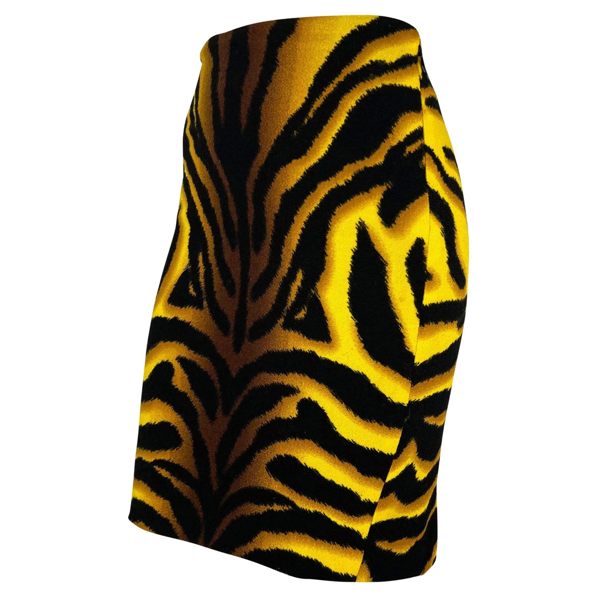F/W 2004 Versace by Donatella Runway Yellow Black Tiger Print Wool Skirt - RealList