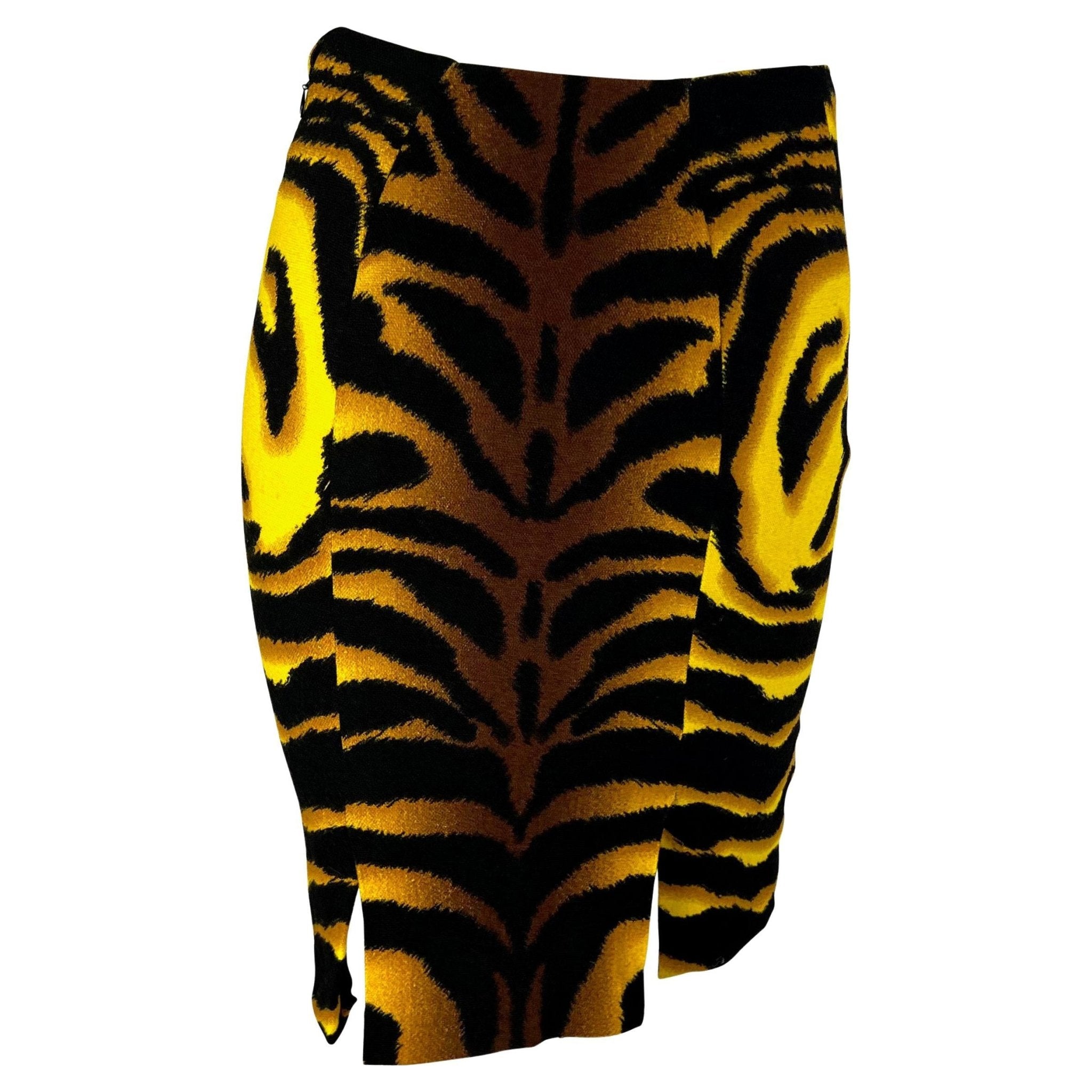 F/W 2004 Versace by Donatella Runway Yellow Black Tiger Print Wool Skirt - RealList