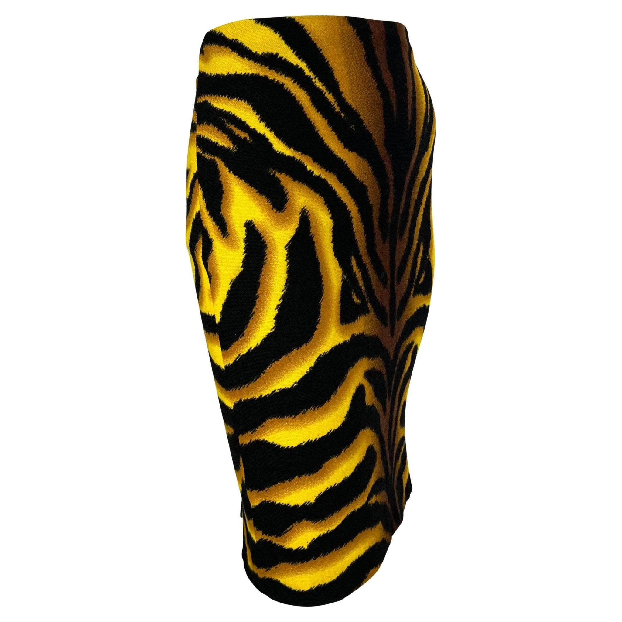 F/W 2004 Versace by Donatella Runway Yellow Black Tiger Print Wool Skirt - RealList