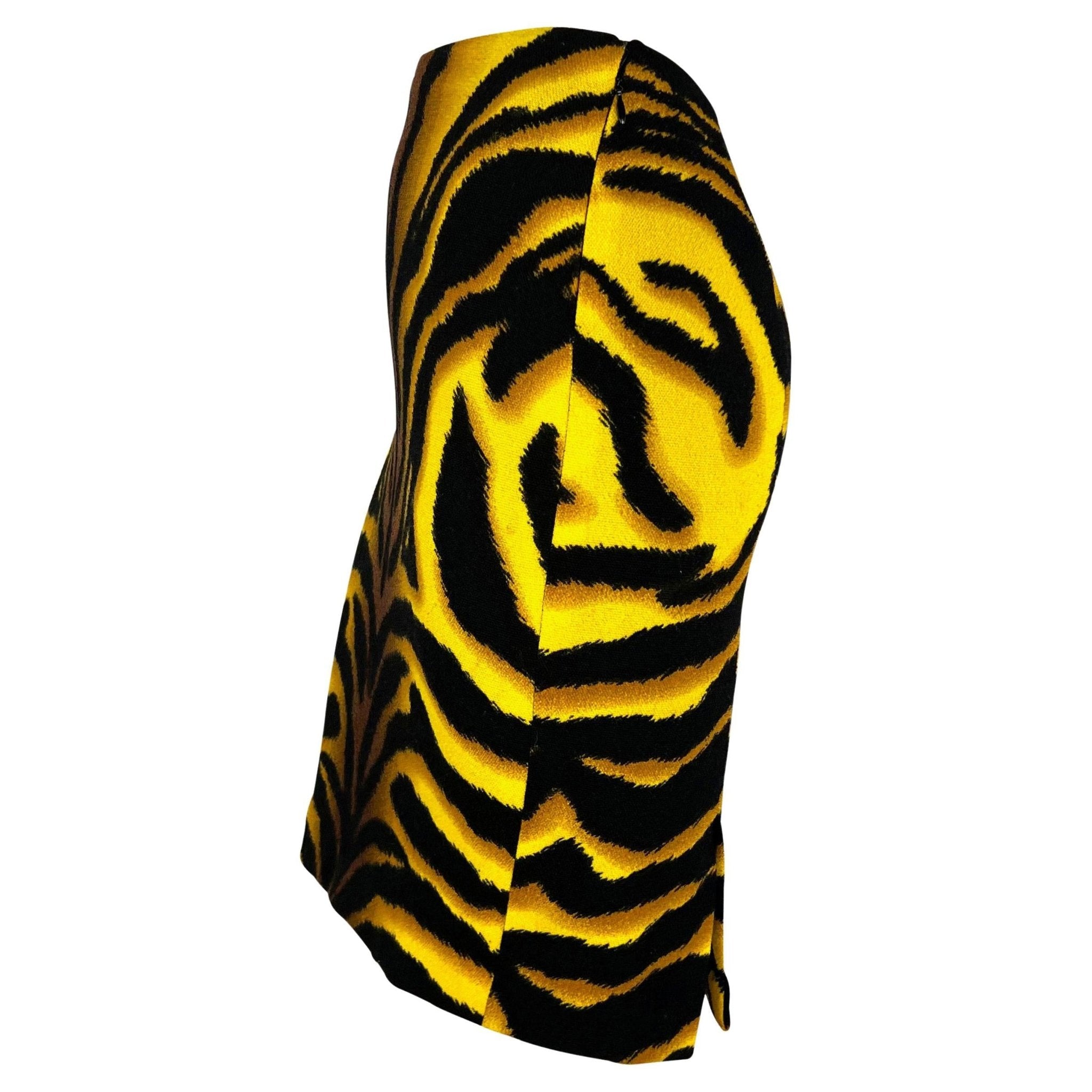 F/W 2004 Versace by Donatella Runway Yellow Black Tiger Print Wool Skirt - RealList