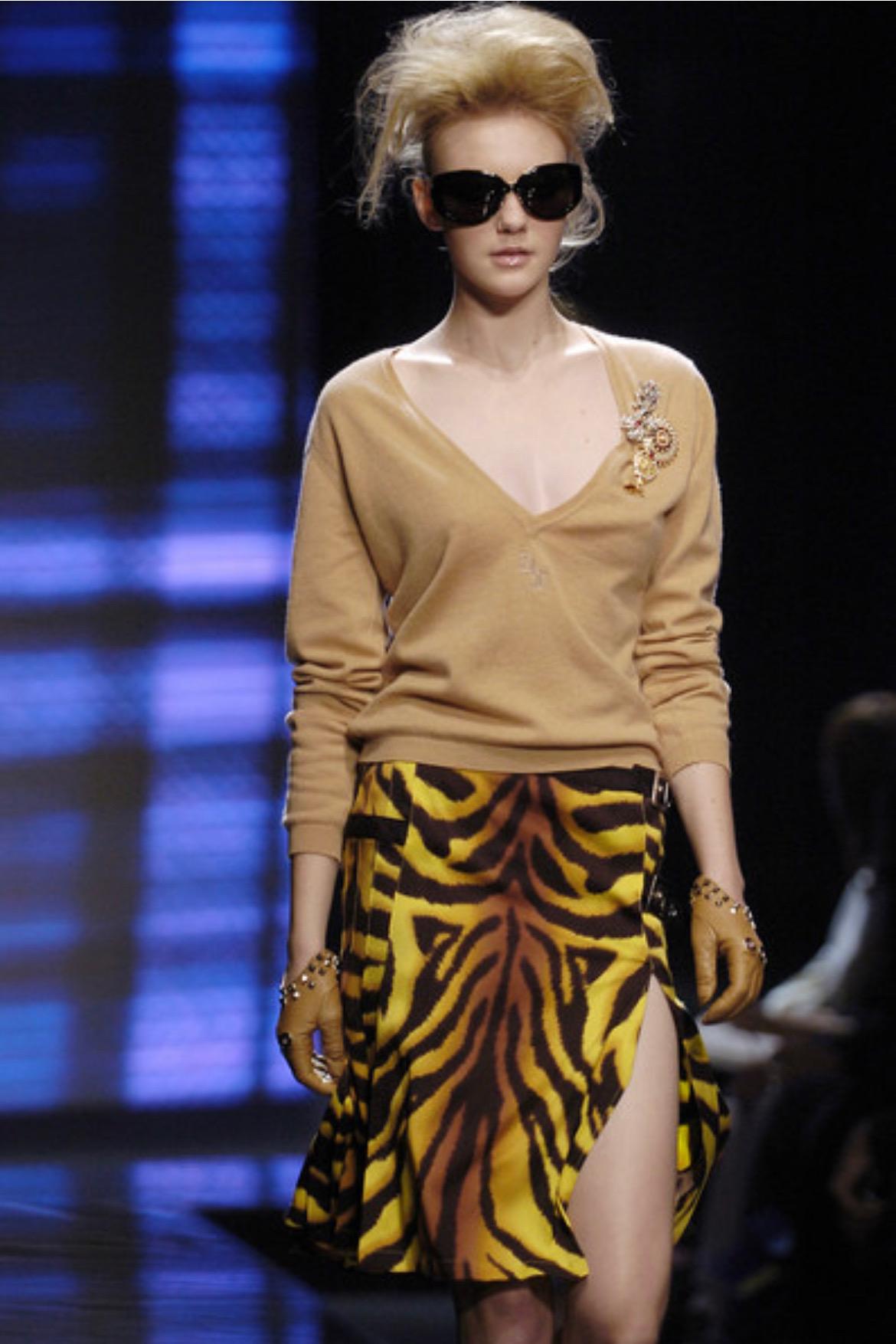 F/W 2004 Versace by Donatella Runway Yellow Black Tiger Print Wool Skirt - RealList