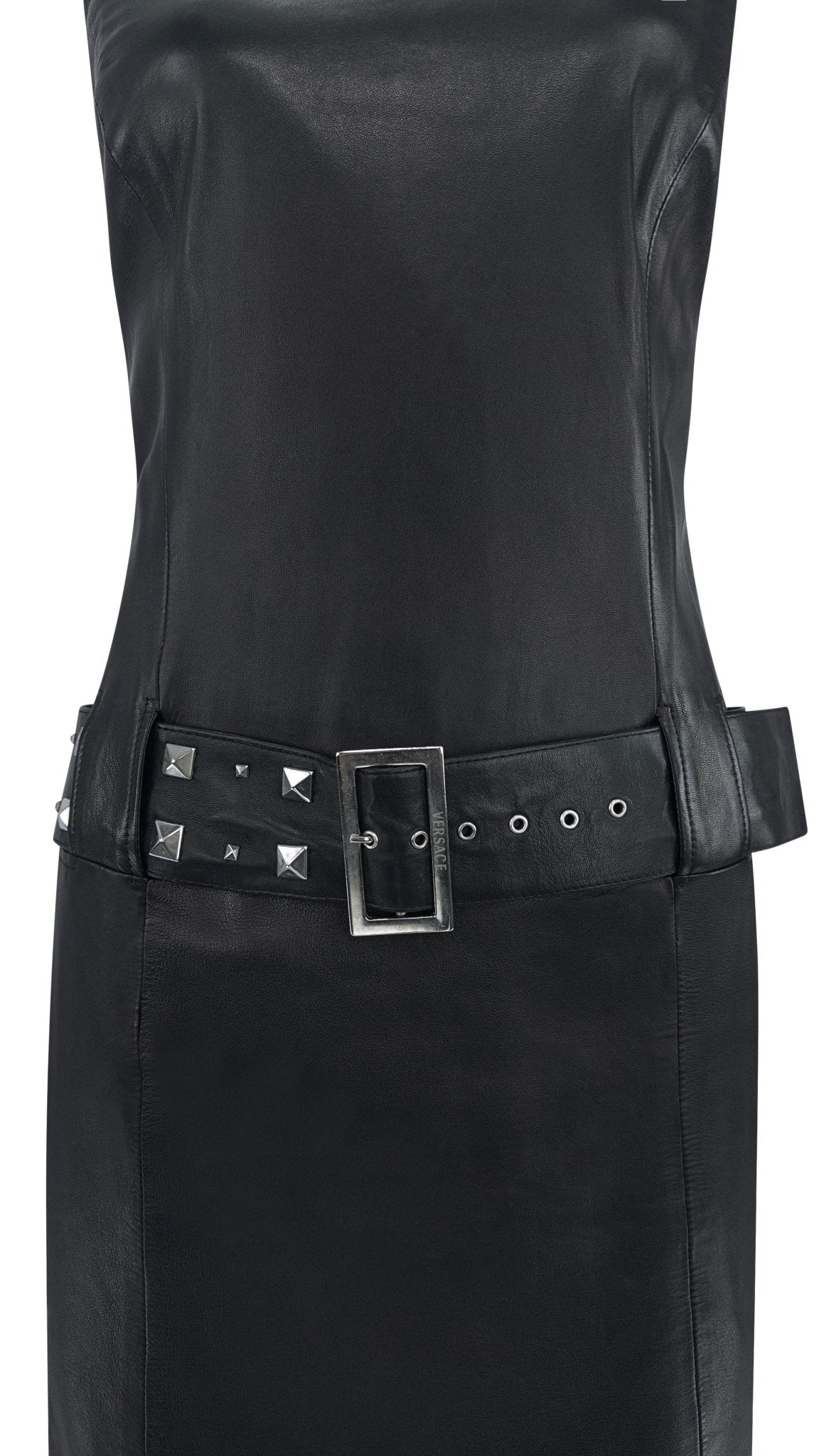 F/W 2004 Versace by Donatella Studded Black Leather Belted Sleeveless Dress - RealList