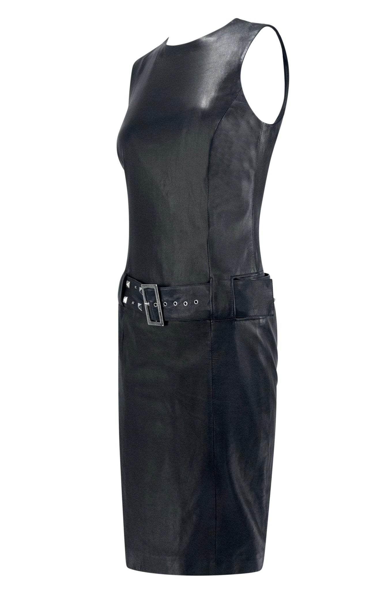 F/W 2004 Versace by Donatella Studded Black Leather Belted Sleeveless Dress - RealList