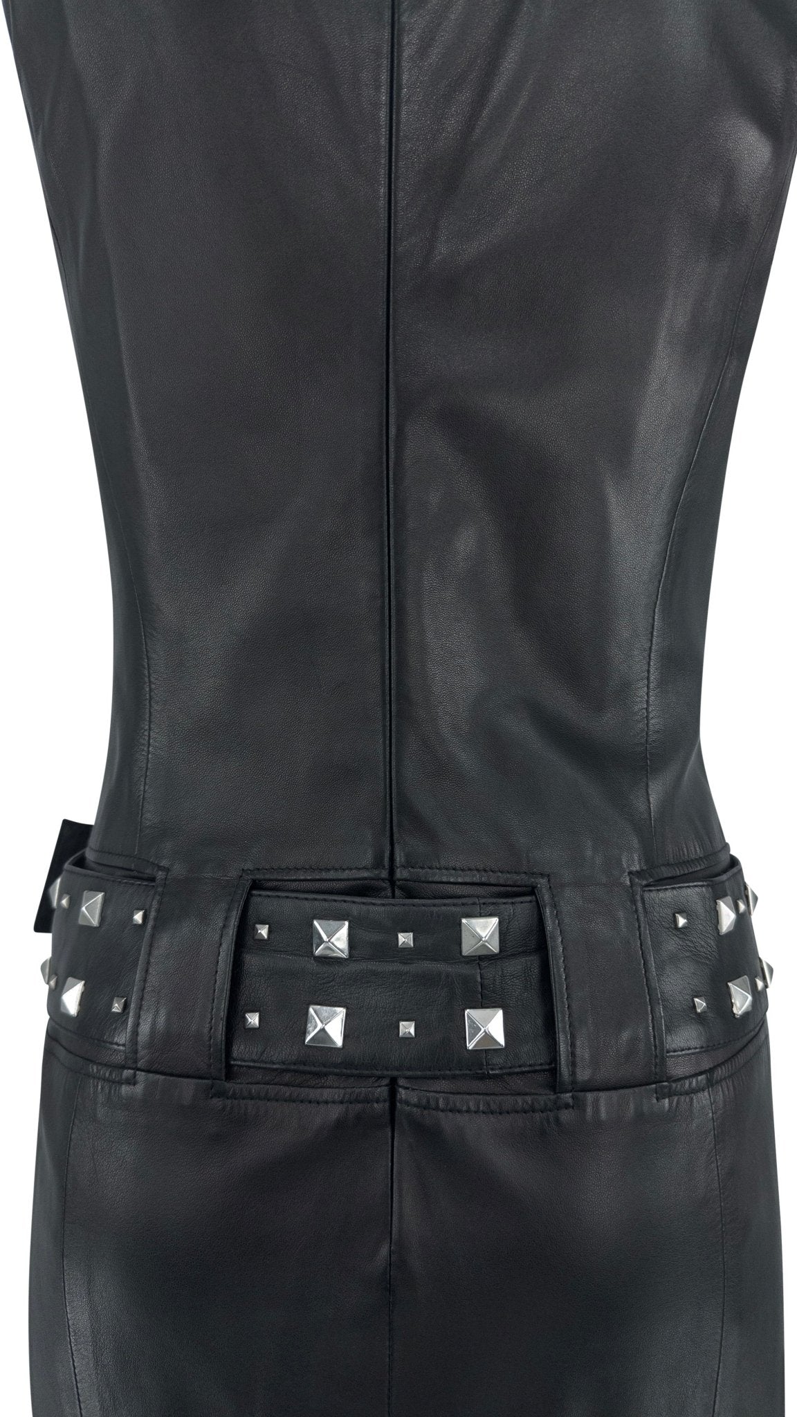 F/W 2004 Versace by Donatella Studded Black Leather Belted Sleeveless Dress - RealList