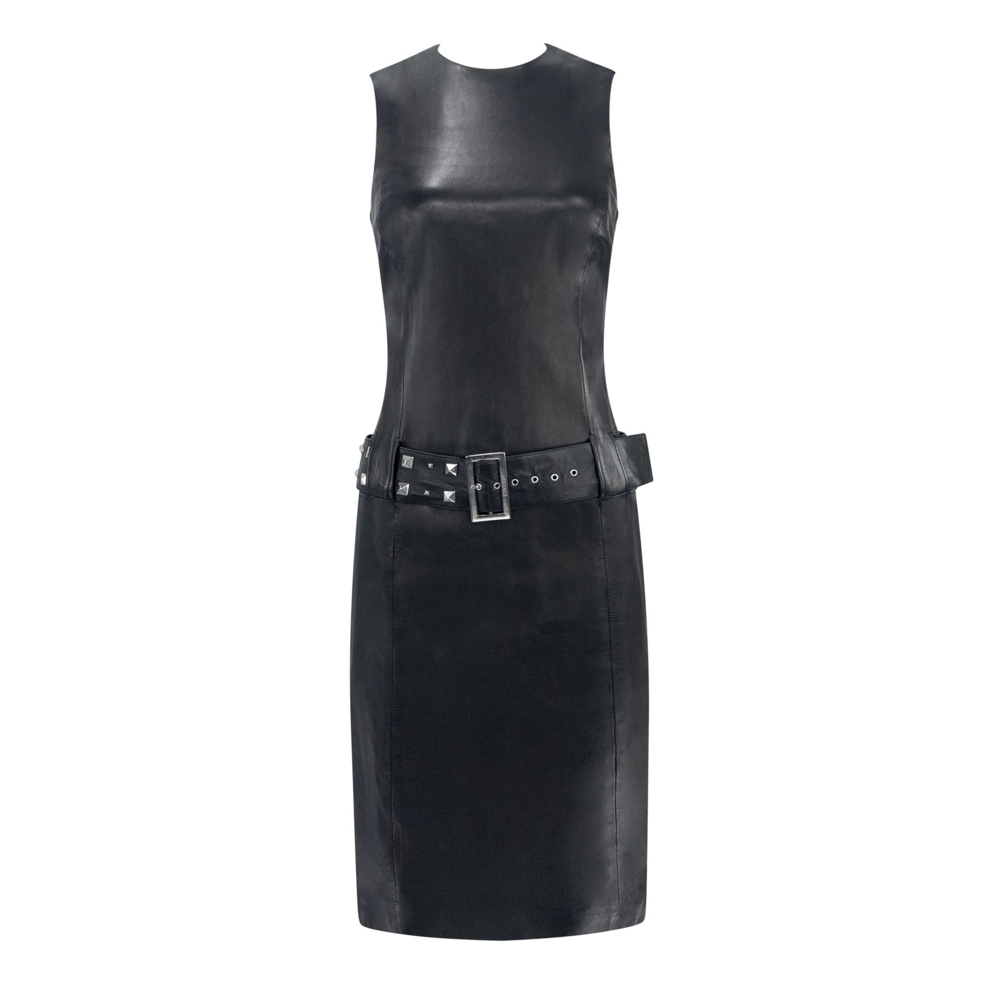 F/W 2004 Versace by Donatella Studded Black Leather Belted Sleeveless Dress - RealList
