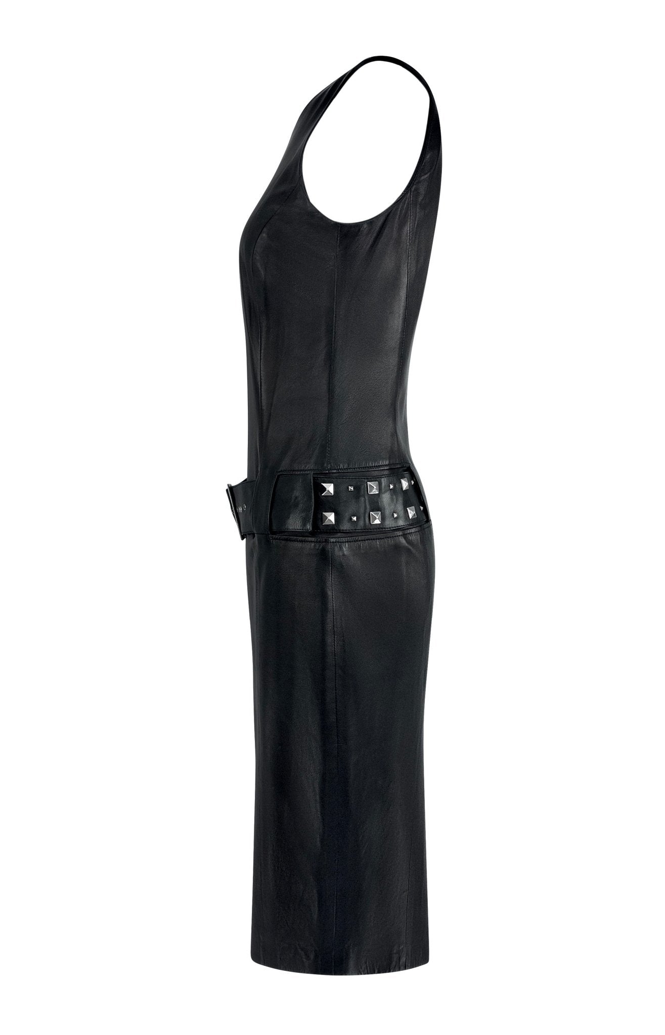 F/W 2004 Versace by Donatella Studded Black Leather Belted Sleeveless Dress - RealList