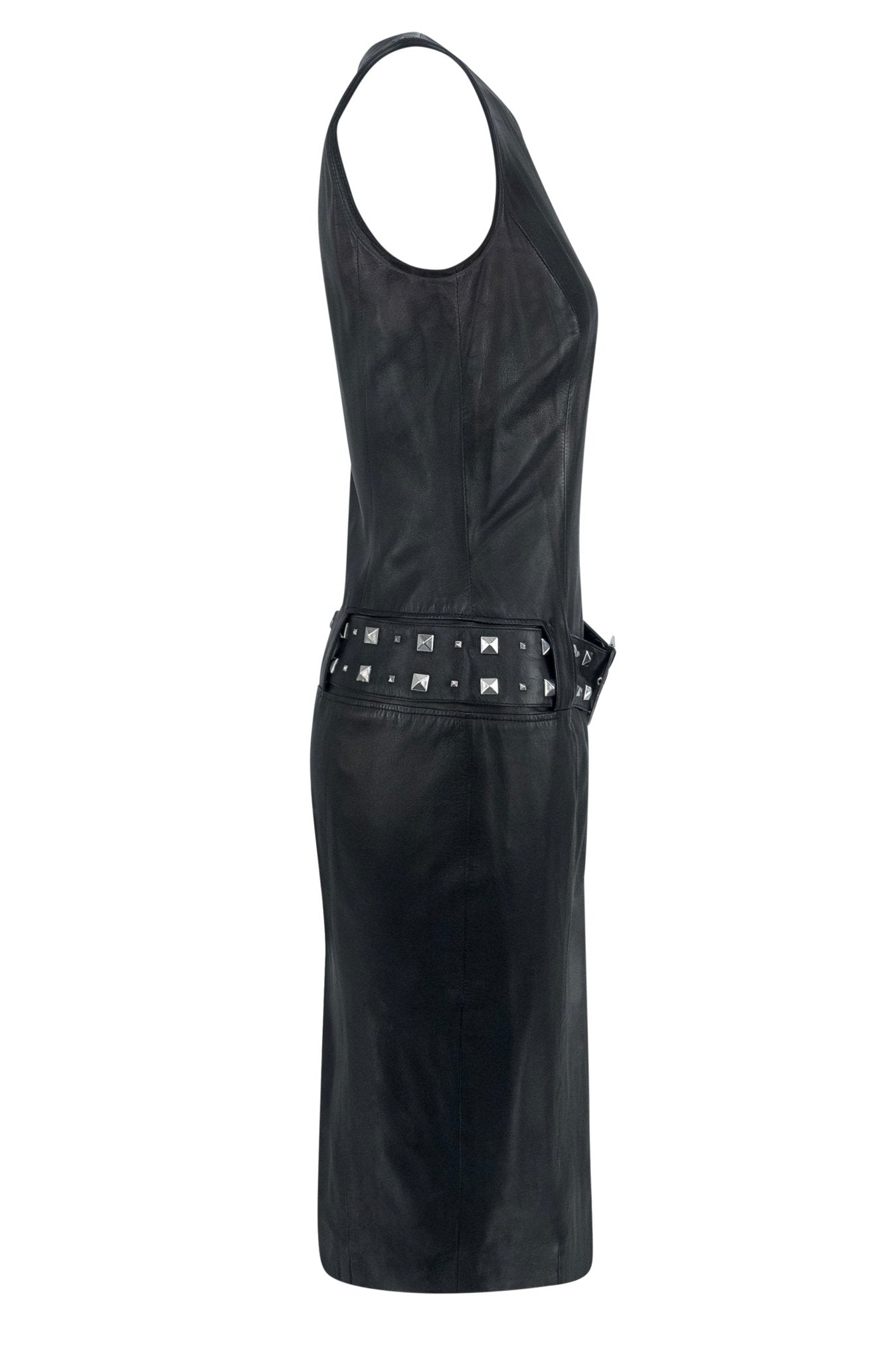 F/W 2004 Versace by Donatella Studded Black Leather Belted Sleeveless Dress - RealList