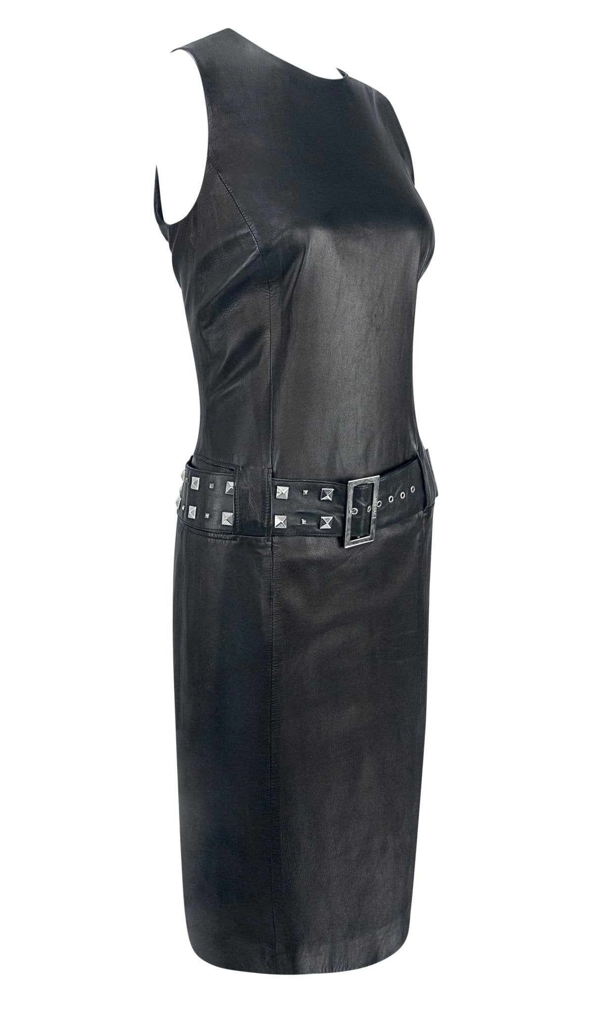 F/W 2004 Versace by Donatella Studded Black Leather Belted Sleeveless Dress - RealList