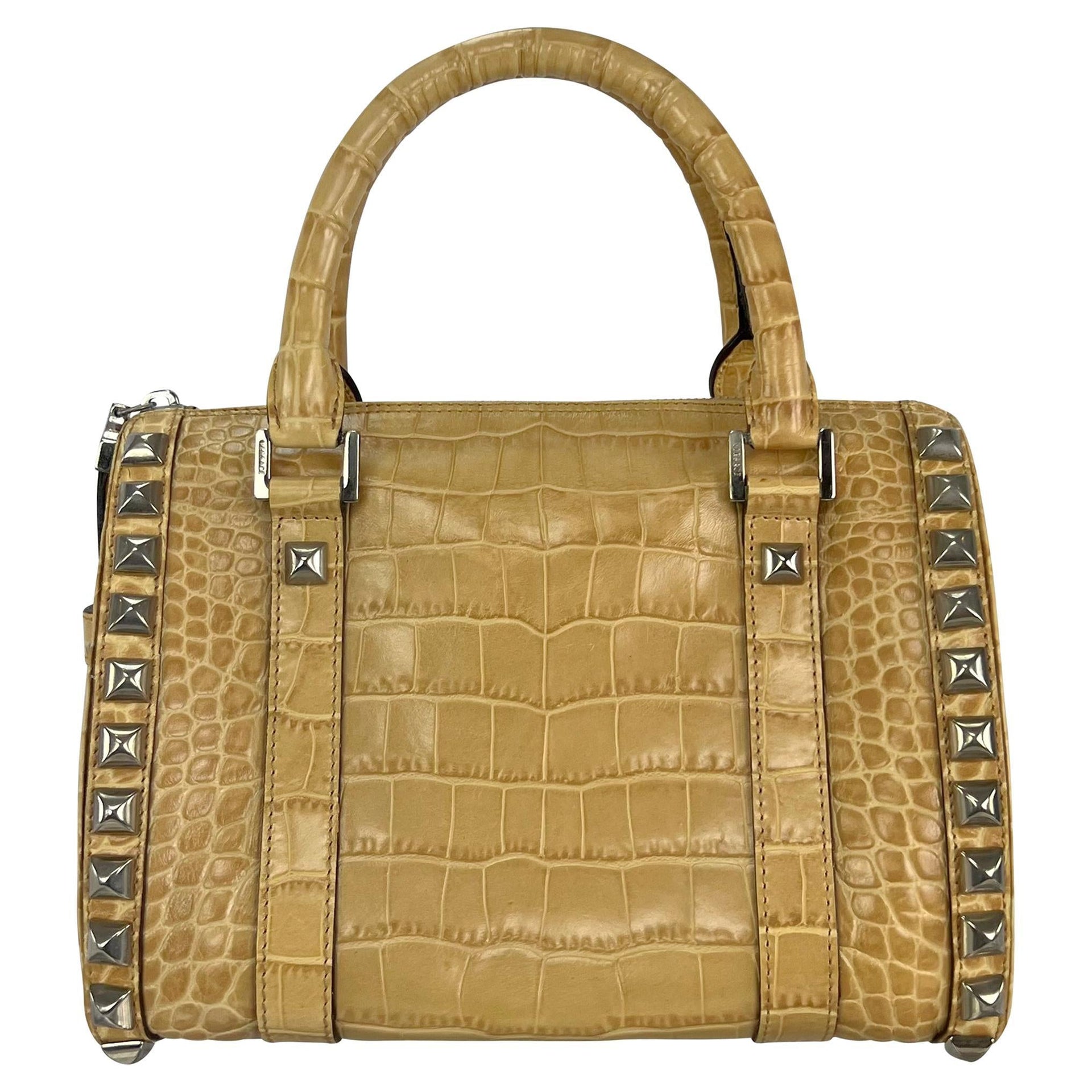F/W 2004 Versace by Donatella Studded Light Tan Embossed Leather Small Tote Bag - RealList