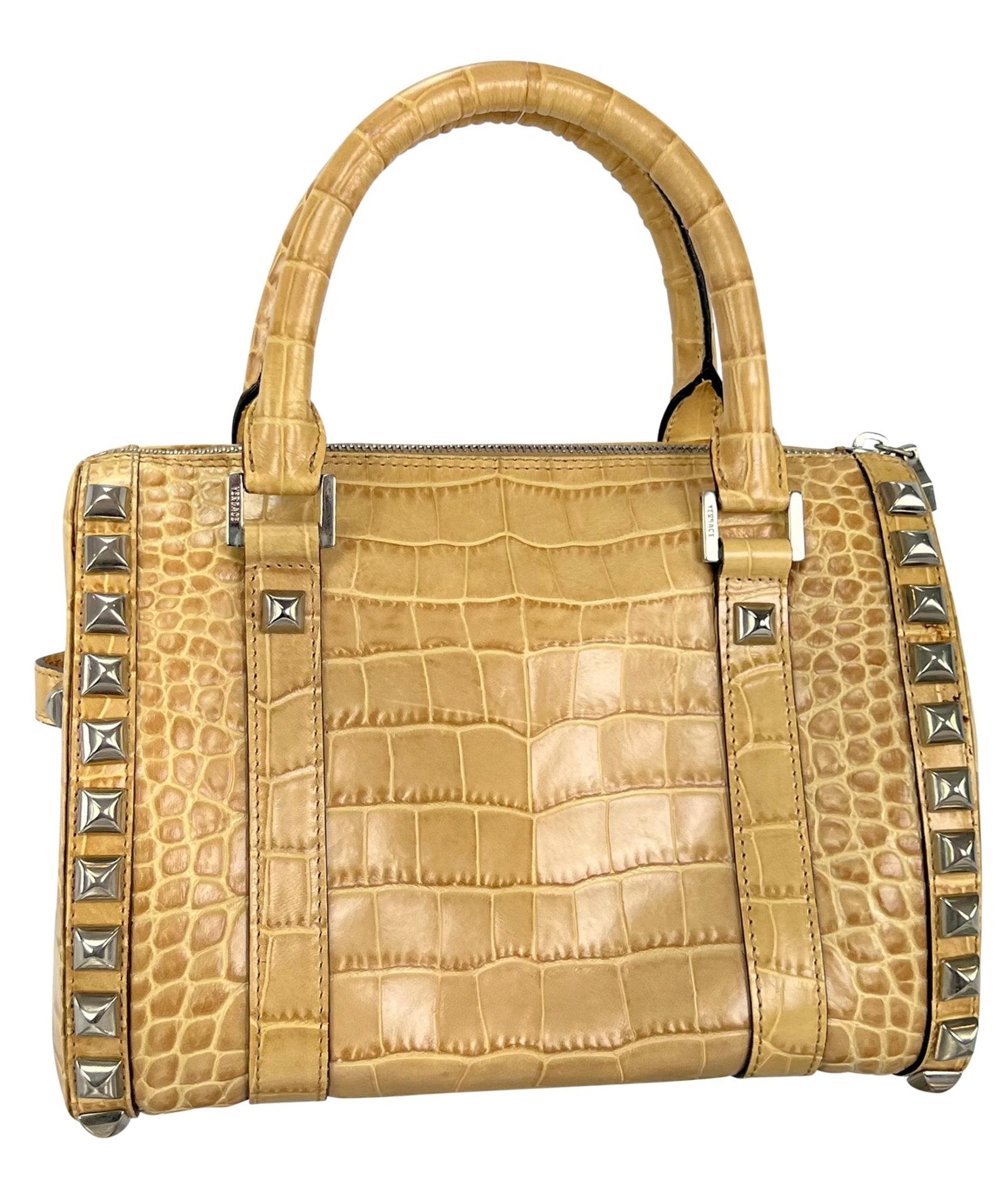 F/W 2004 Versace by Donatella Studded Light Tan Embossed Leather Small Tote Bag - RealList