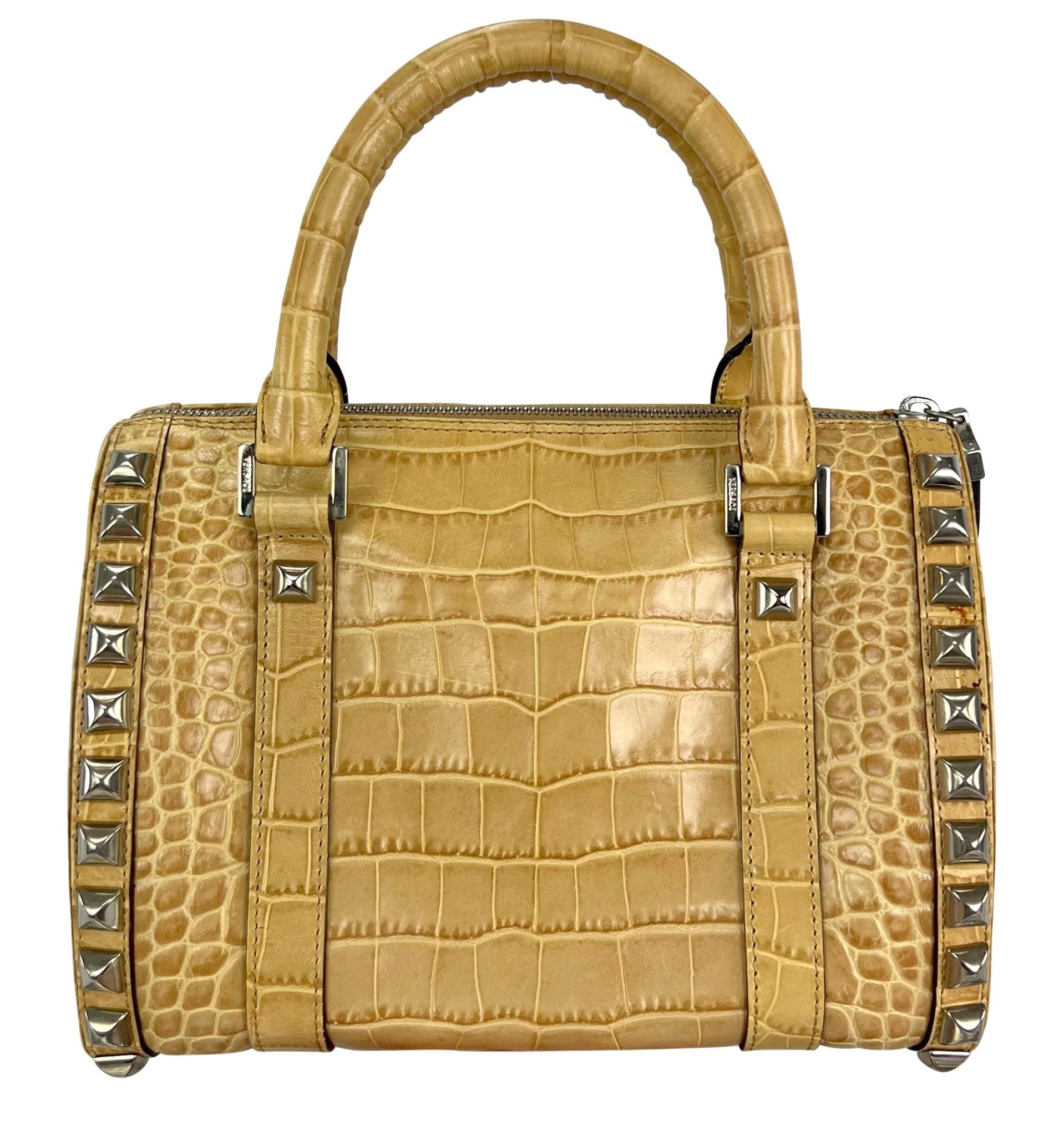 F/W 2004 Versace by Donatella Studded Light Tan Embossed Leather Small Tote Bag - RealList