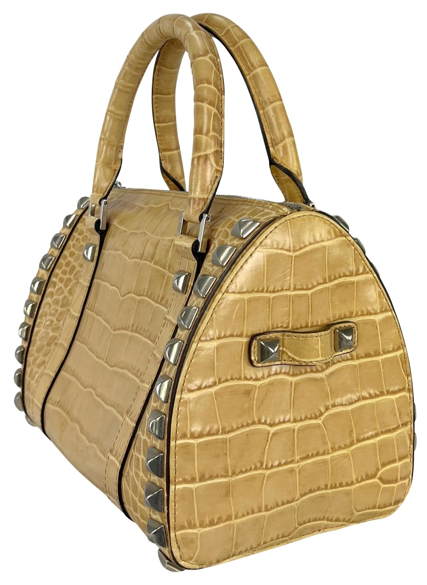 F/W 2004 Versace by Donatella Studded Light Tan Embossed Leather Small Tote Bag - RealList