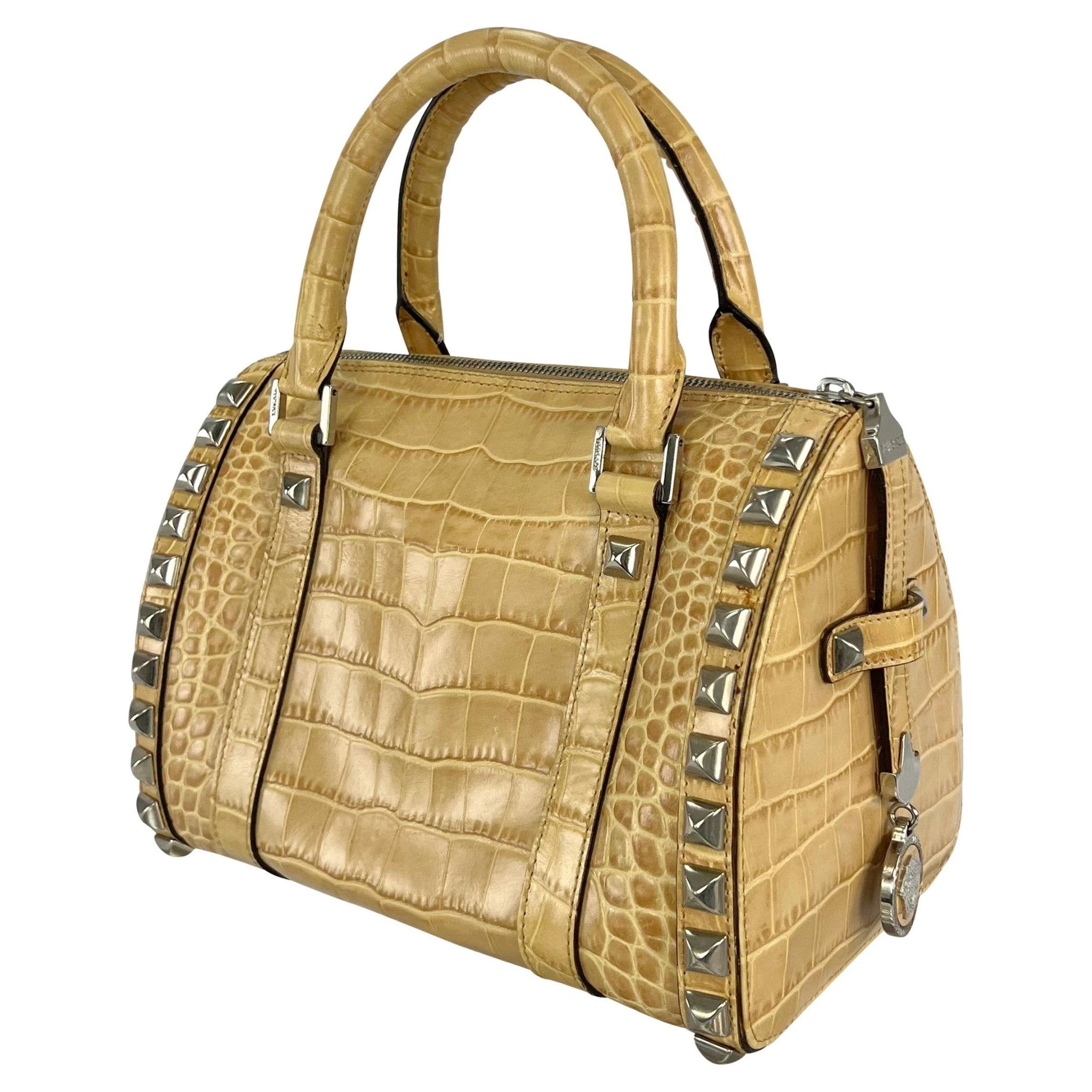 F/W 2004 Versace by Donatella Studded Light Tan Embossed Leather Small Tote Bag - RealList