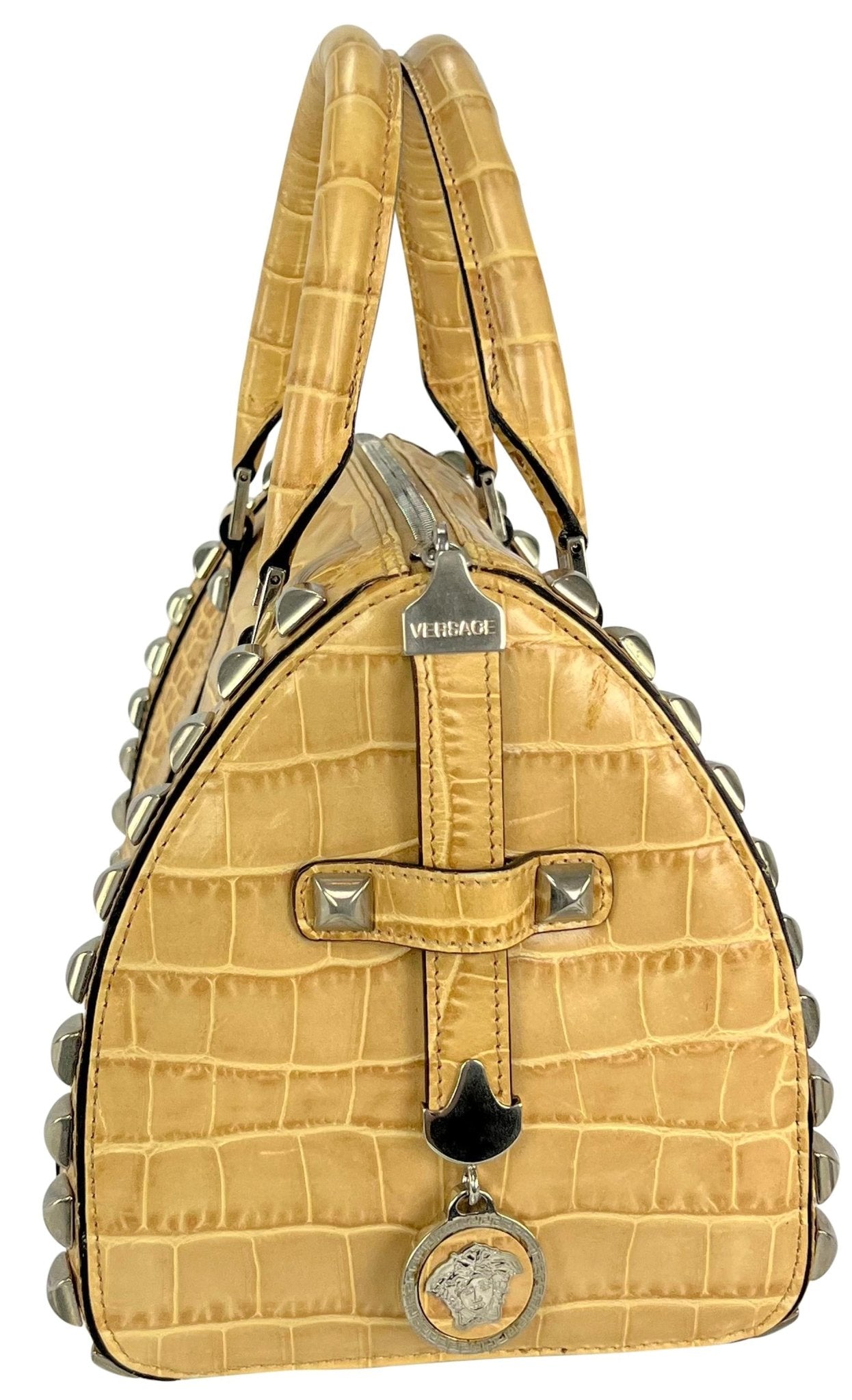 F/W 2004 Versace by Donatella Studded Light Tan Embossed Leather Small Tote Bag - RealList