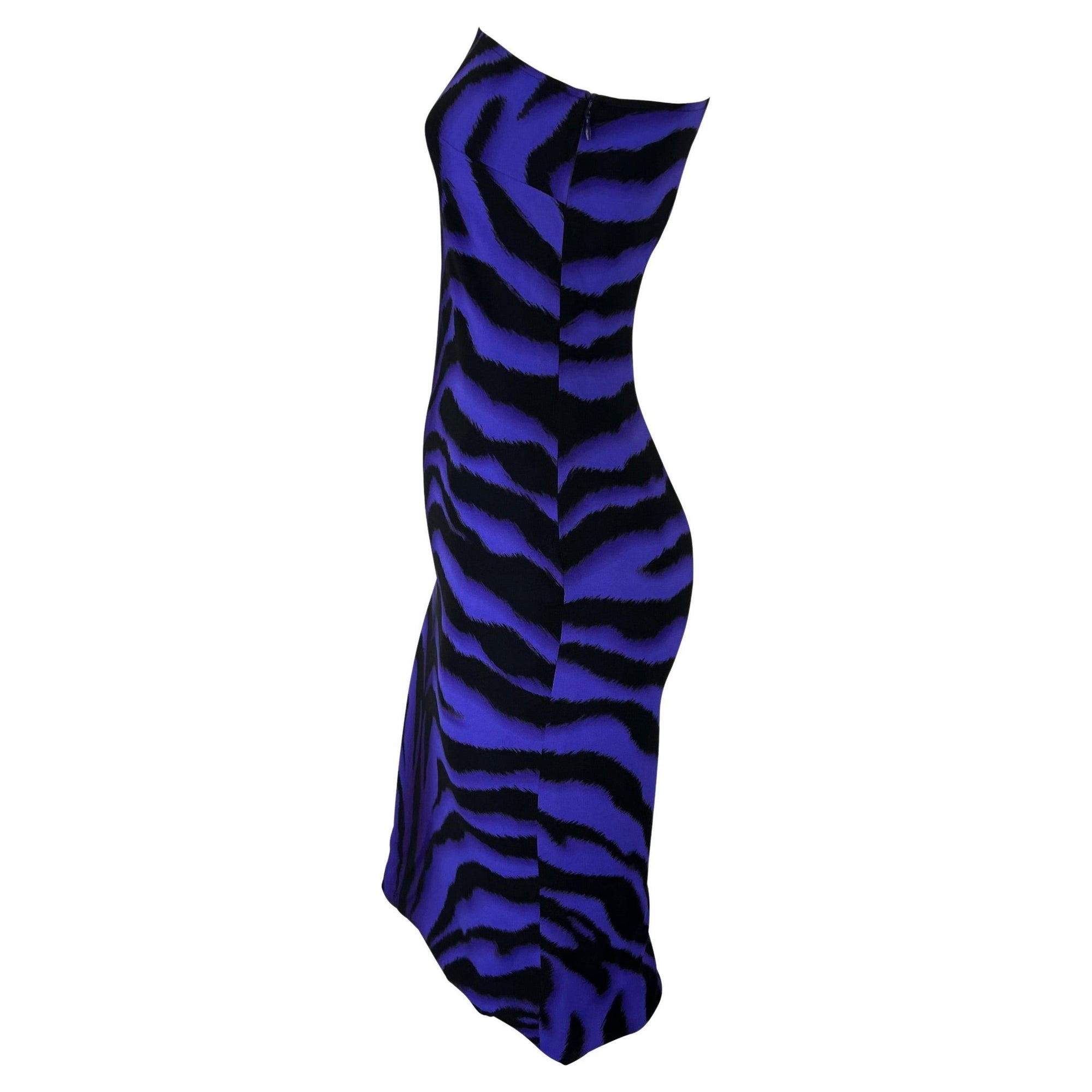 F/W 2004 Versace by Donatella Versace Purple Tiger One Shoulder Buckle Dress - RealList