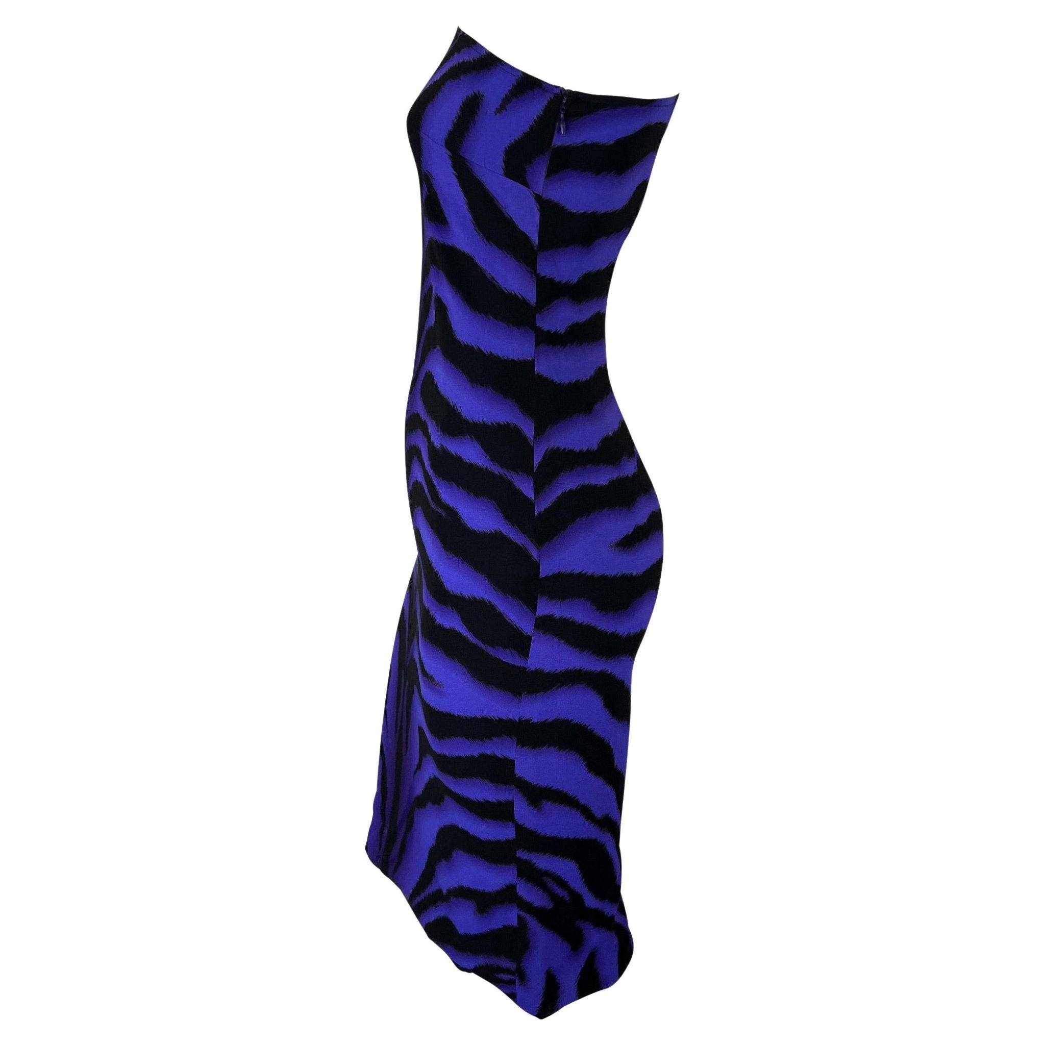 F/W 2004 Versace by Donatella Versace Purple Tiger One Shoulder Buckle Dress - RealList