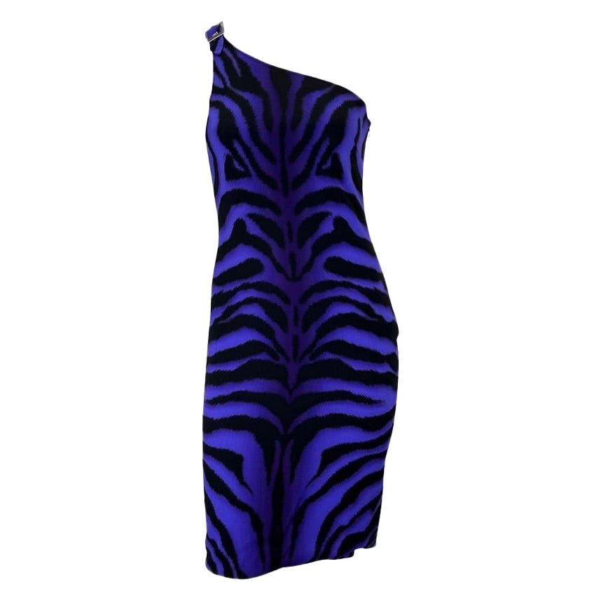 F/W 2004 Versace by Donatella Versace Purple Tiger One Shoulder Buckle Dress - RealList