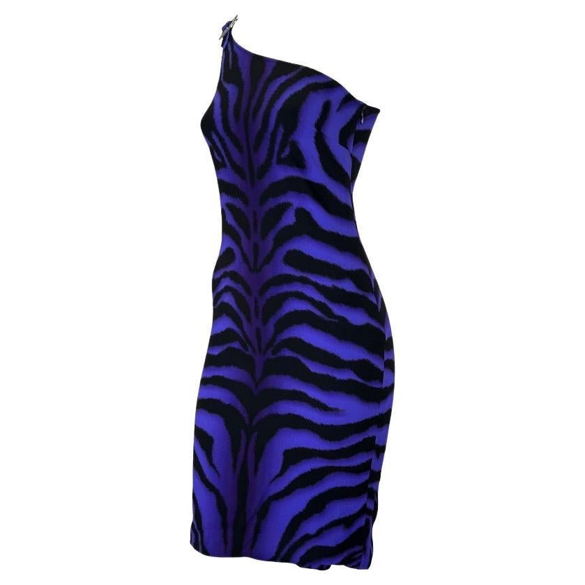 F/W 2004 Versace by Donatella Versace Purple Tiger One Shoulder Buckle Dress - RealList
