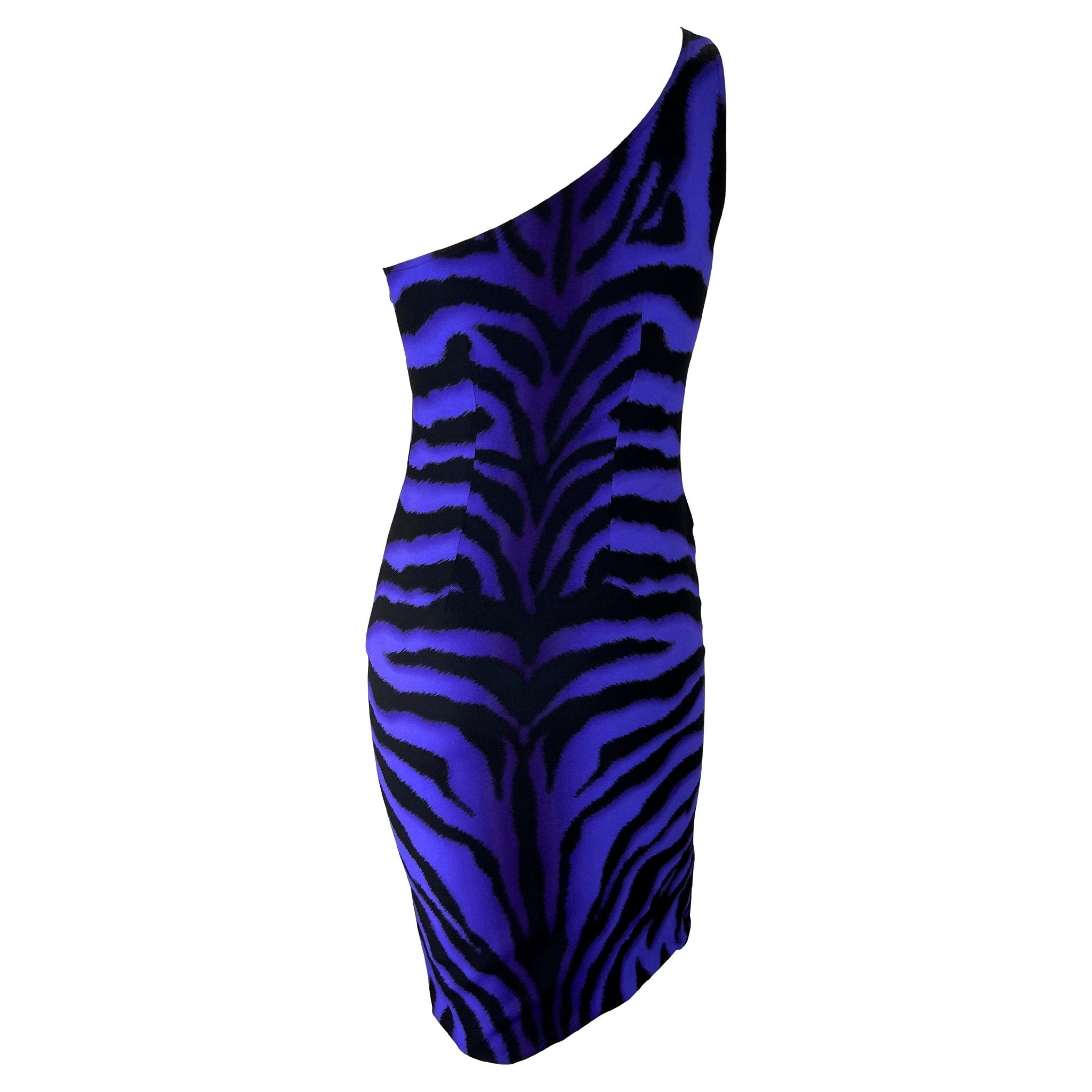 F/W 2004 Versace by Donatella Versace Purple Tiger One Shoulder Buckle Dress - RealList