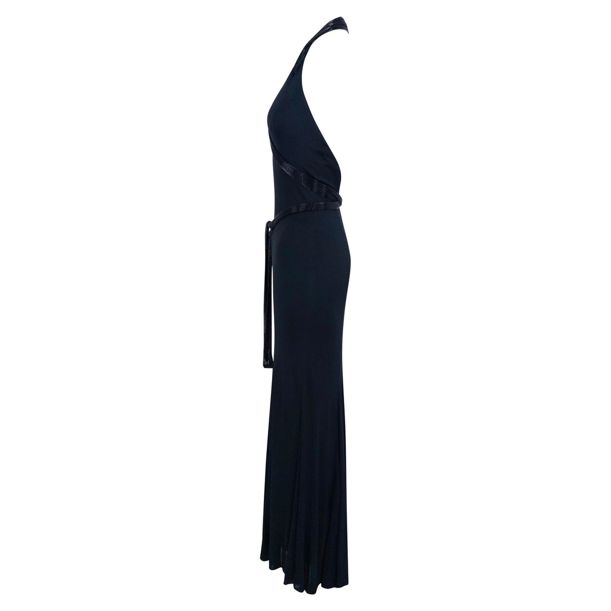 F/W 2005 Ralph Lauren Runway Black Silk Beaded Crossover Strap 'Taupin' Gown - RealList