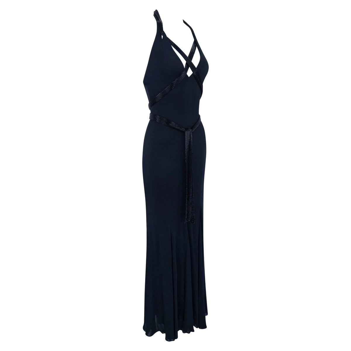F/W 2005 Ralph Lauren Runway Black Silk Beaded Crossover Strap 'Taupin' Gown - RealList
