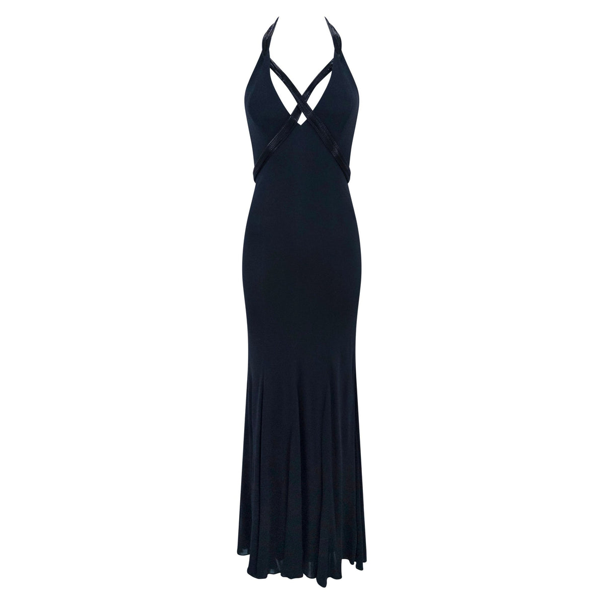 F/W 2005 Ralph Lauren Runway Black Silk Beaded Crossover Strap 'Taupin' Gown - RealList