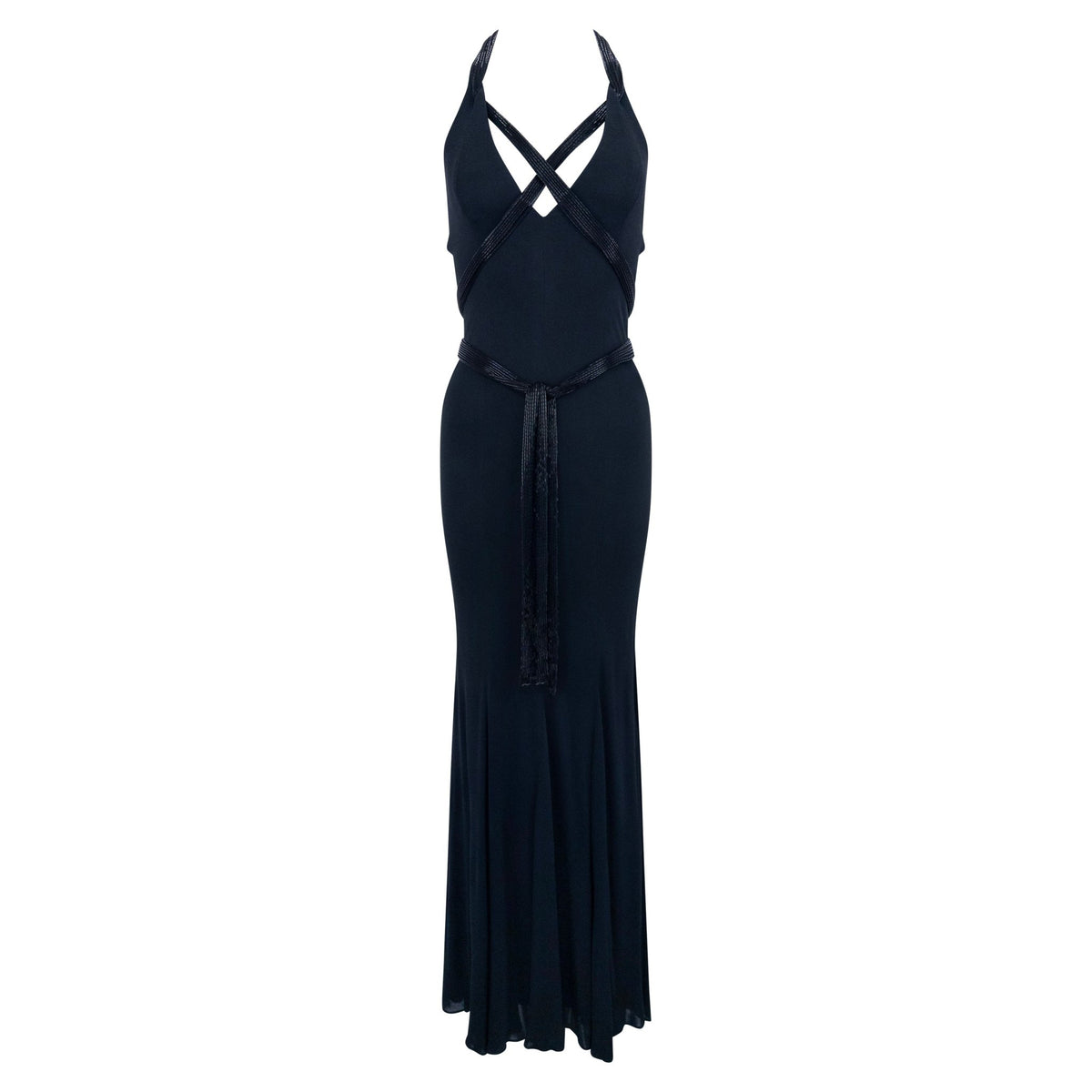 F/W 2005 Ralph Lauren Runway Black Silk Beaded Crossover Strap 'Taupin' Gown - RealList