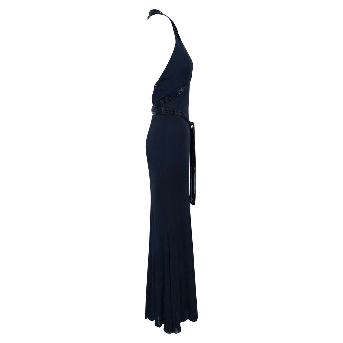 F/W 2005 Ralph Lauren Runway Black Silk Beaded Crossover Strap 'Taupin' Gown - RealList