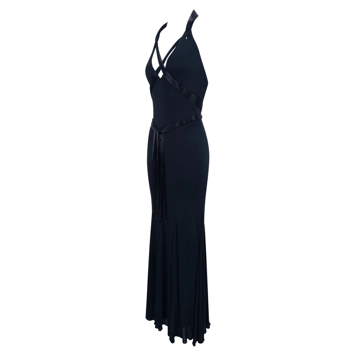 F/W 2005 Ralph Lauren Runway Black Silk Beaded Crossover Strap 'Taupin' Gown - RealList