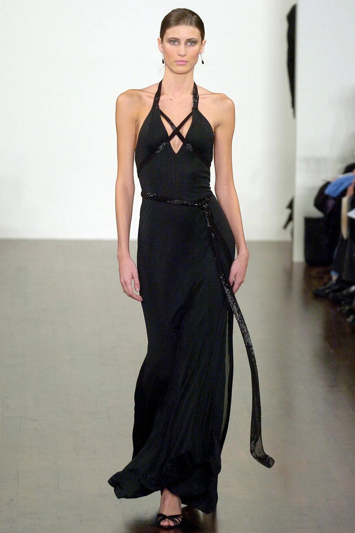 F/W 2005 Ralph Lauren Runway Black Silk Beaded Crossover Strap 'Taupin' Gown - RealList