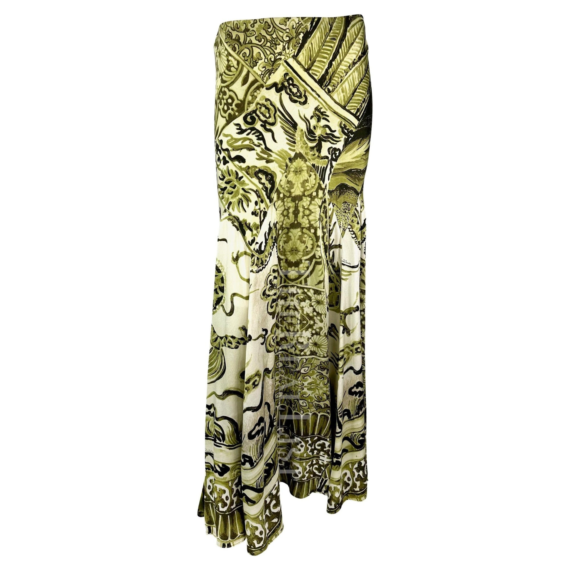 F/W 2005 Roberto Cavalli Green Ming Vase Print Silk Maxi Skirt - RealList