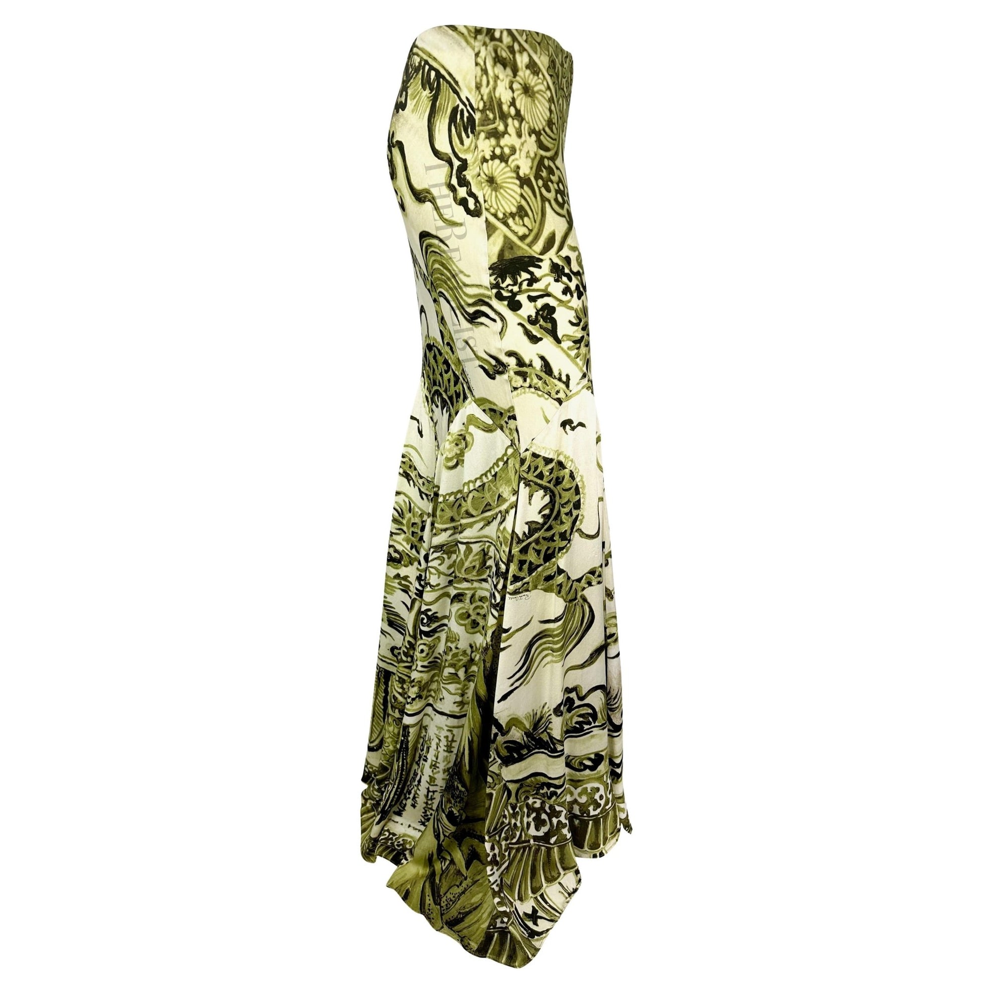 F/W 2005 Roberto Cavalli Green Ming Vase Print Silk Maxi Skirt - RealList