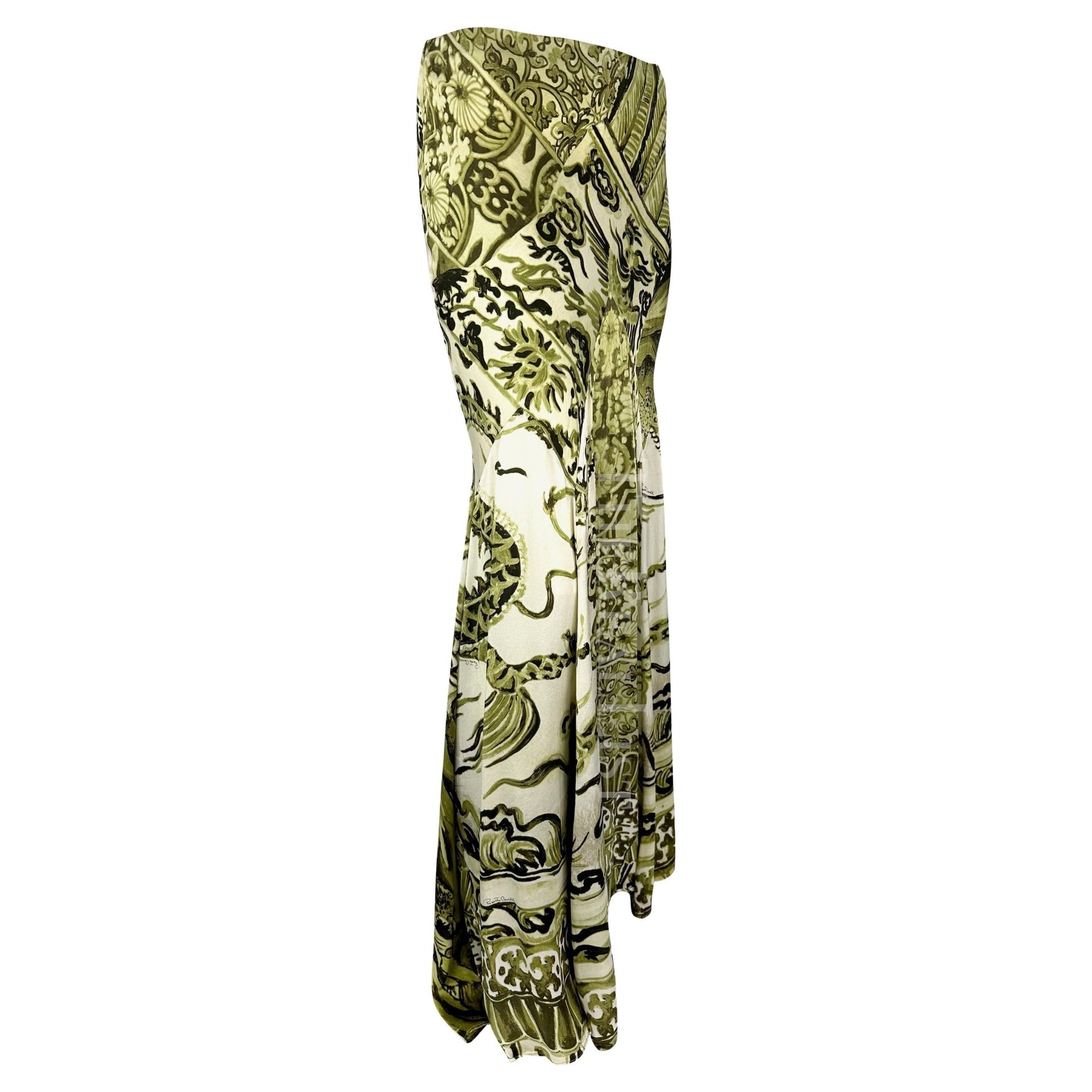 F/W 2005 Roberto Cavalli Green Ming Vase Print Silk Maxi Skirt - RealList